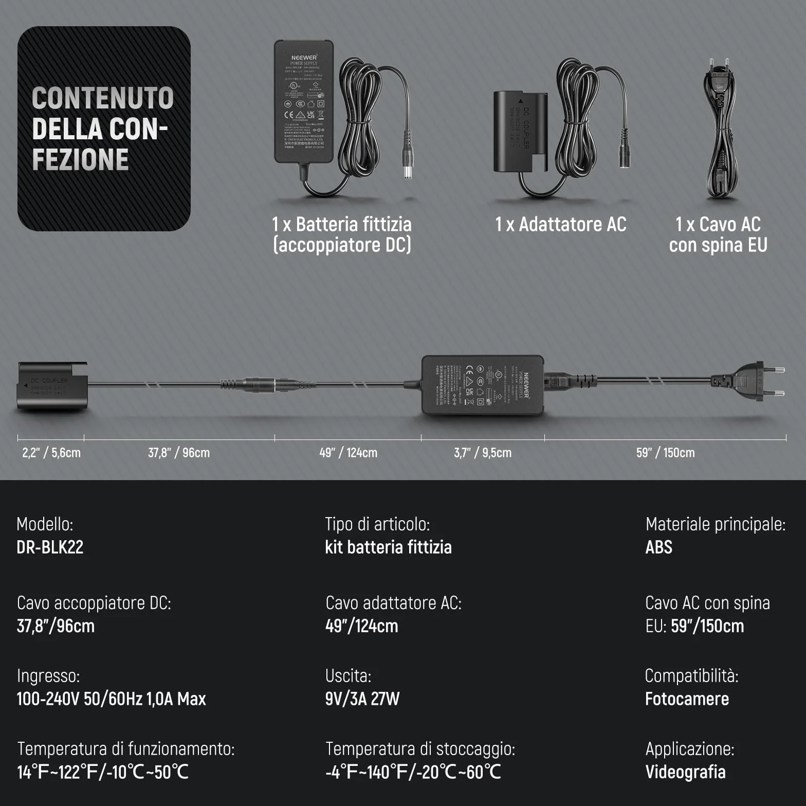 NEEWER Adattatore AC Power DMW-BLK22 & Kit Caricabatterie Batteria Factice Accoppiatore DC Compatibile con Panasonic Lumix GH5 II GH6 II S5II S5IIX S5M2 S5M2X GH5M2