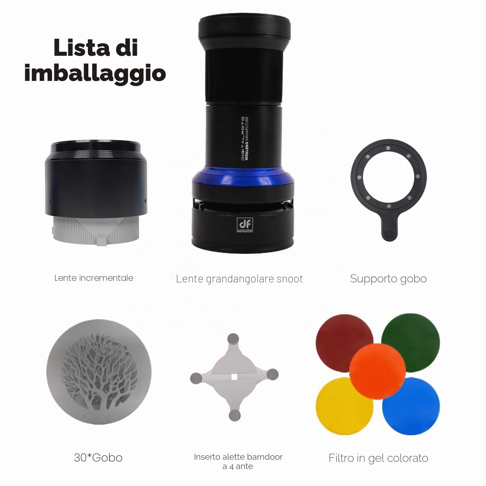 Proiettore Gobo con Snoot Spotlight con Attacco Bowens - Compatibile con Aputure Amaran 60d, Amaran 100X/D 200D/X, 150c/300c, 600x Pro, Storm 400x, Godox SL60, ecc. 5 Filtri Colorati, 30 Gobo