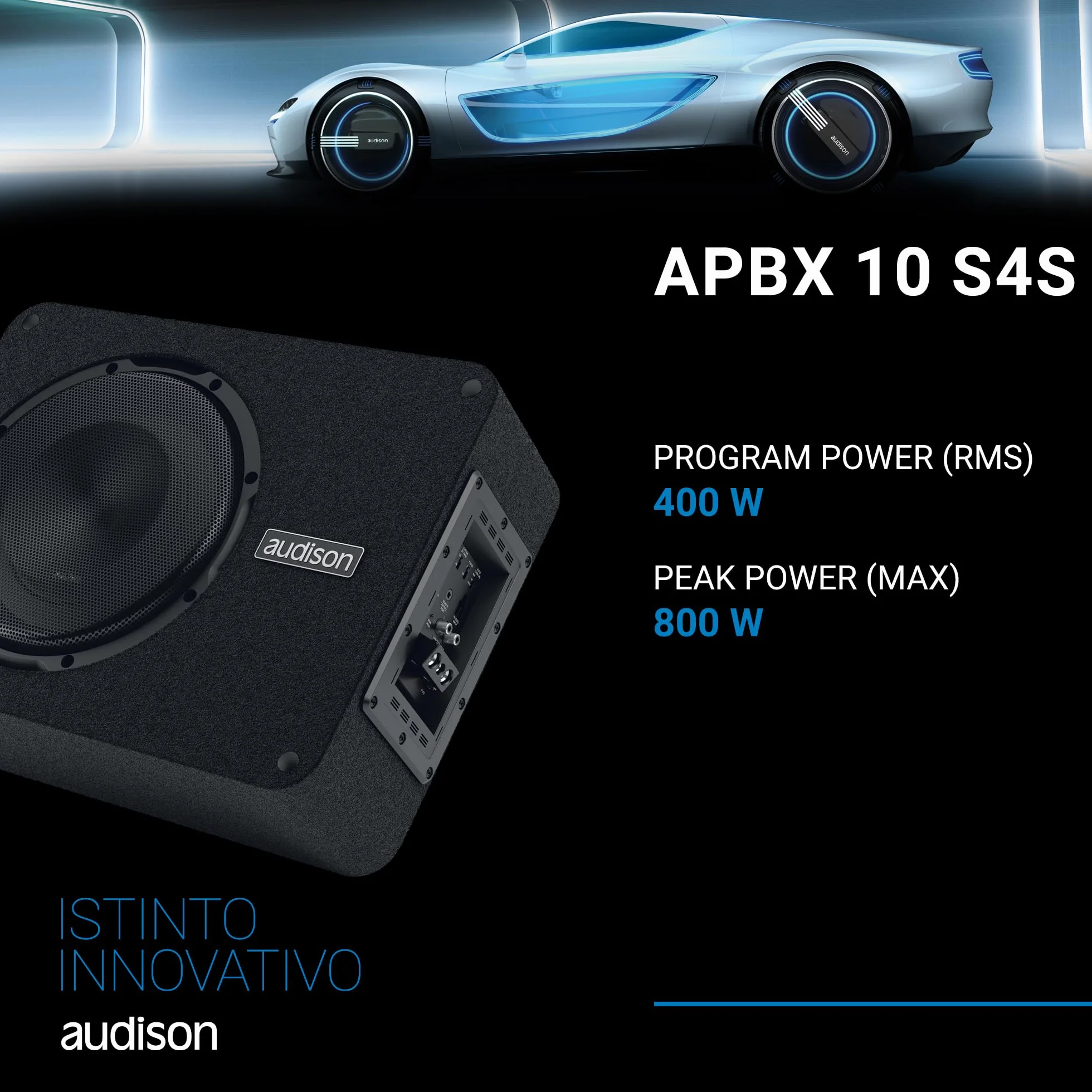 Audison APBX 10 S4S Subwoofer De Caja Sellada 250 mm, 400 W RMS, 800 W Potencia, Excursión Lineal 11 mm, Cono Papel Prensado Hidrófugo, Negro