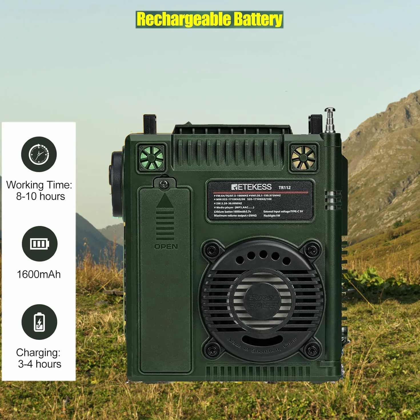 Retekess TR112 Radio Multiband Bande,FM VHF MW SW WB AIR Radio,Basse Stereo SOS Avviso,Controllo Telecomando per Applicazioni Intelligenti,MP3/TF,Campeggio,Pesca(Verde)