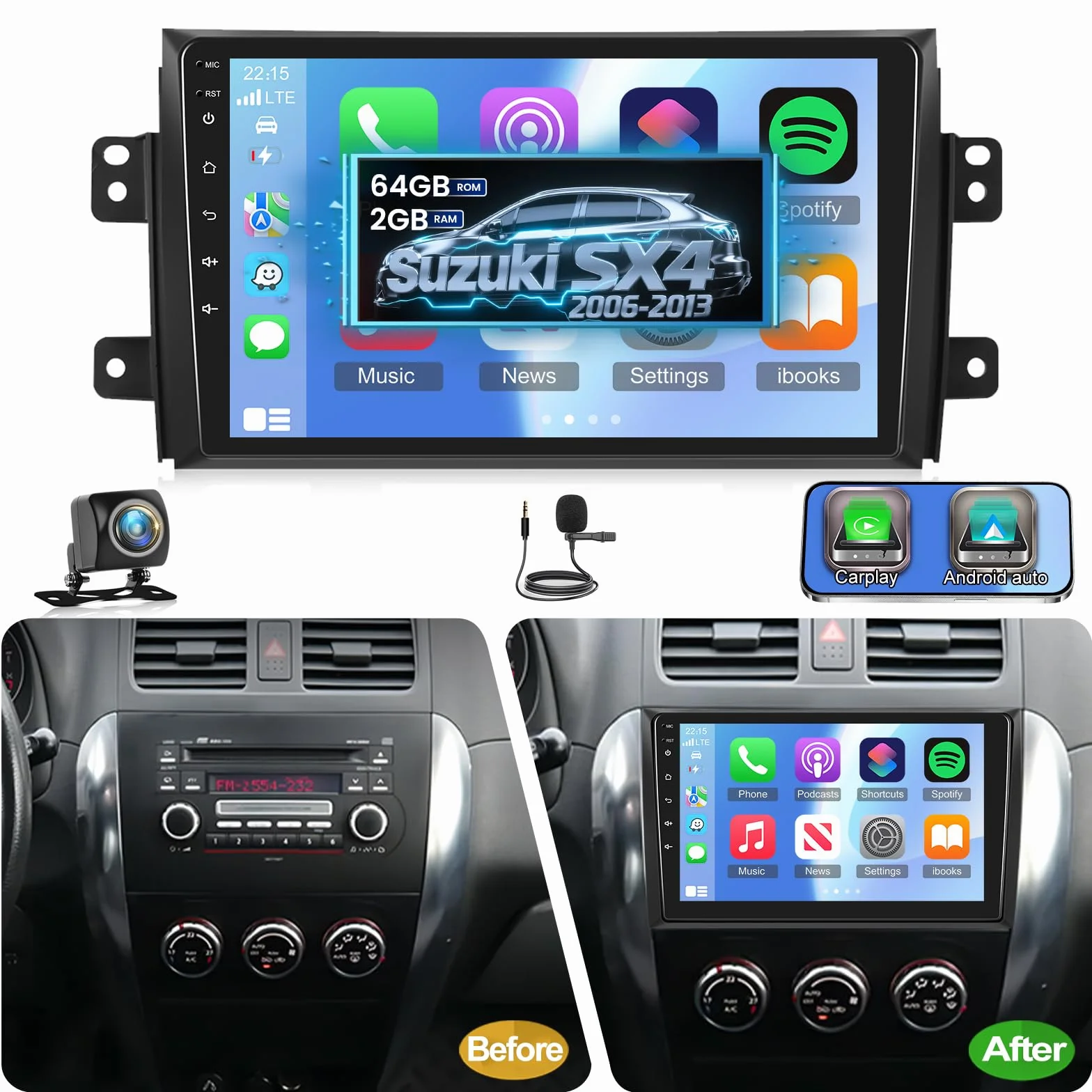 NHOPEEW 2G+64G Android Autoradio per Suzuki SX4 2006-2013 - Senza fili Carplay e Android Auto - 9 pollici Android Stereo con WiFi EQ GPS Mirror Link FM RDS + AHD Telecamera posteriore&Mic