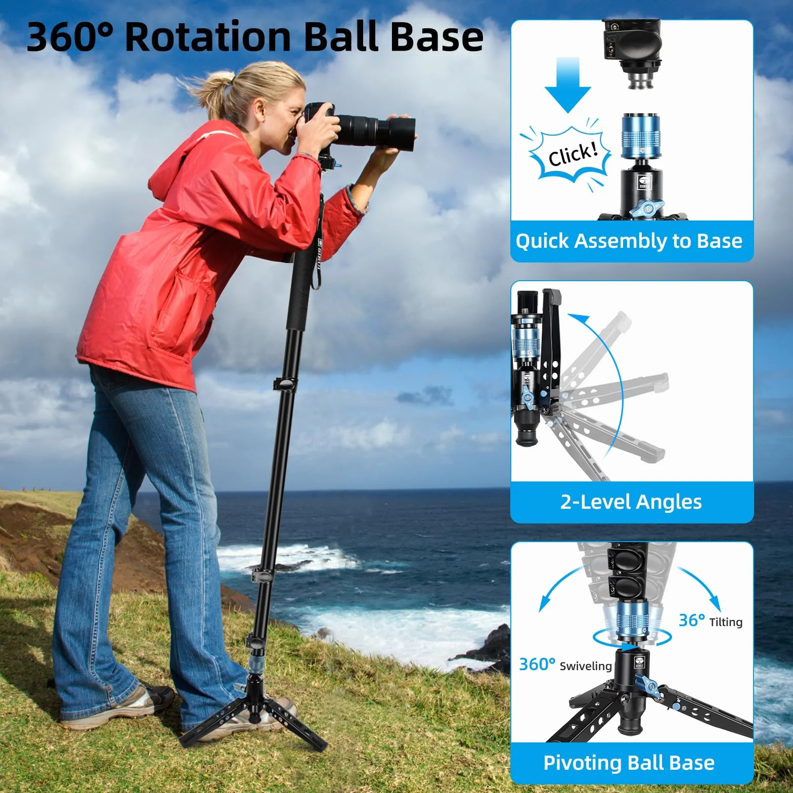 SIRUI Monopiede in alluminio con piedini, monopiede professionale da 192,5 cm per fotocamere, monopiede compatto da viaggio con piastra a sgancio rapido, carico massimo 15 kg, compatibile con