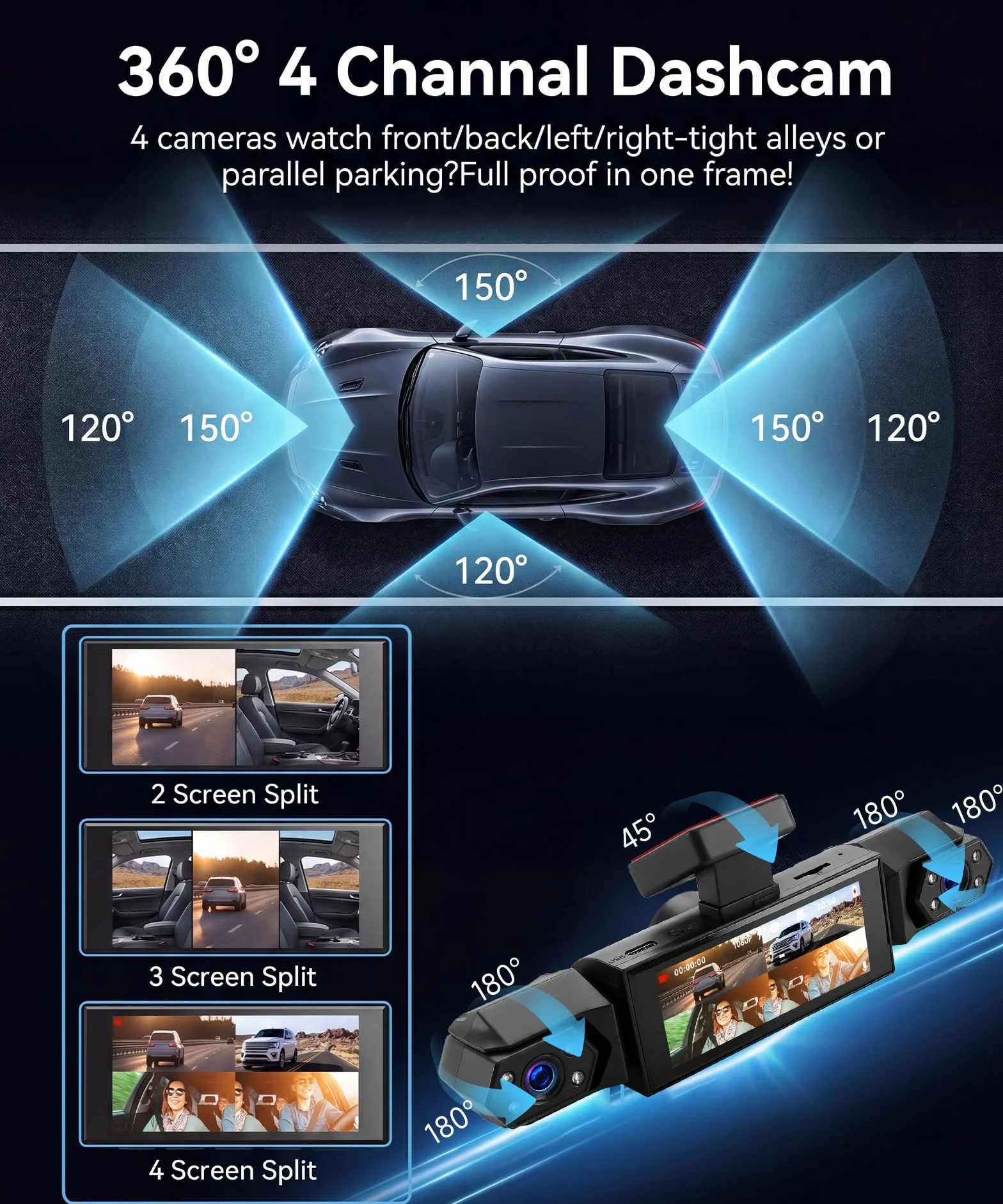 Rimoody 4 Canali 360° Dashcam Auto, 4 Telecamera HD 1080P Anteriore e Posteriore Sinistra Destra, 3.16 Pollici Schermo IPS Dash Cam con Visione Notturna 8 IR/Loop Video/24H Parcheggio Monitor