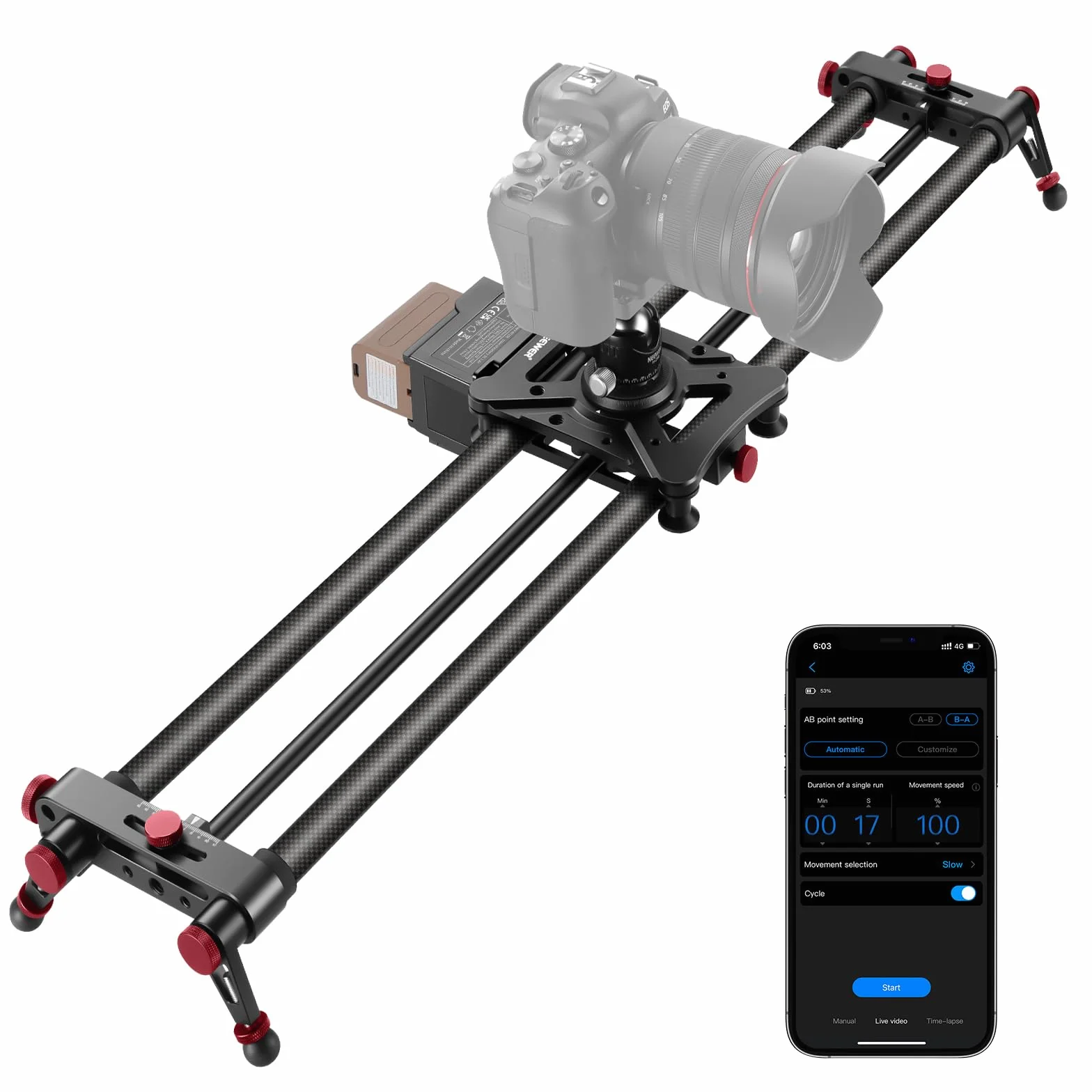 NEEWER 80cm Camera Slider Motorizzato, Controllo App, Binario Dolly DSLR in Fibra Carbonio con Batteria F750 4400mAh (Caricabatterie Non Incluso), Supporta Modalità Video/Fotografia Time Lapse,ER1-80