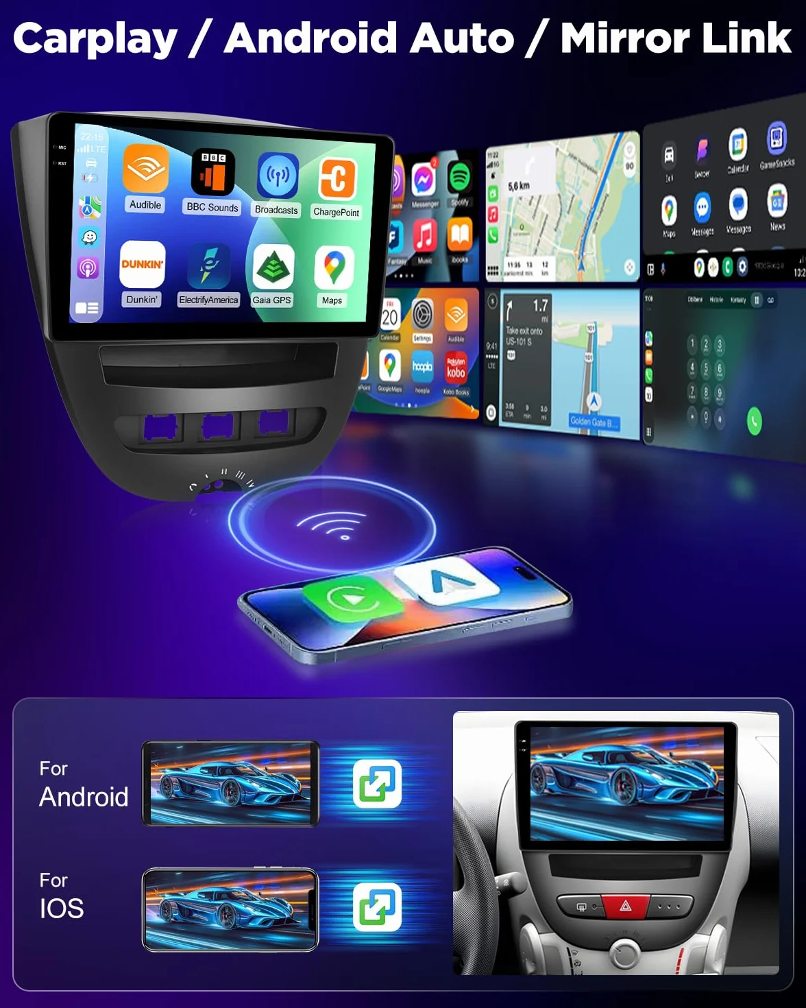 NHOPEEW 4+128G Autoradio per Peugeot 107 / Citroen C1 / Toyota Aygo 2004-2014 con Carplay Android Auto - Schermo incell da 10 pollici Supporto WiFi GPS Comandi al volante + Telecamera di retromarcia