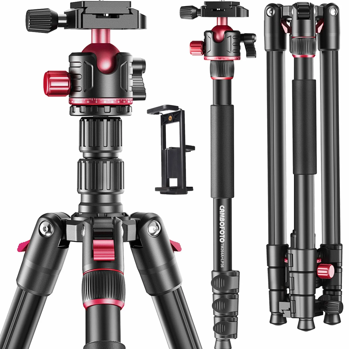 CAMBOFOTO Treppiede professionale per fotocamera, 173 cm, treppiede portatile in alluminio con monopiede da 180 cm/testa a sfera a 360°, clip per iPad e borsa per il trasporto