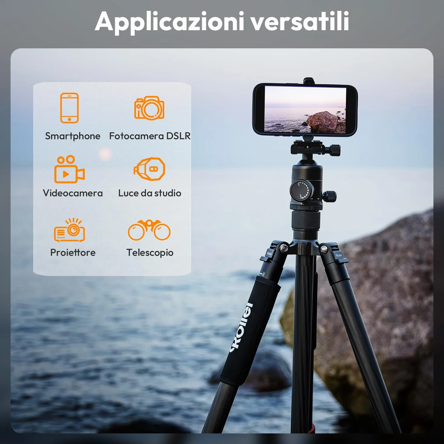 Rollei C6i Treppiede Fotocamera Nero, 171,5cm Cavalletto Fotografico Carbonio Viaggio con Testa Sfera a 360° Tripod Camera per Sony Canon Nikon DSLR Treppiede per Smartphone con Supporto per Telefono