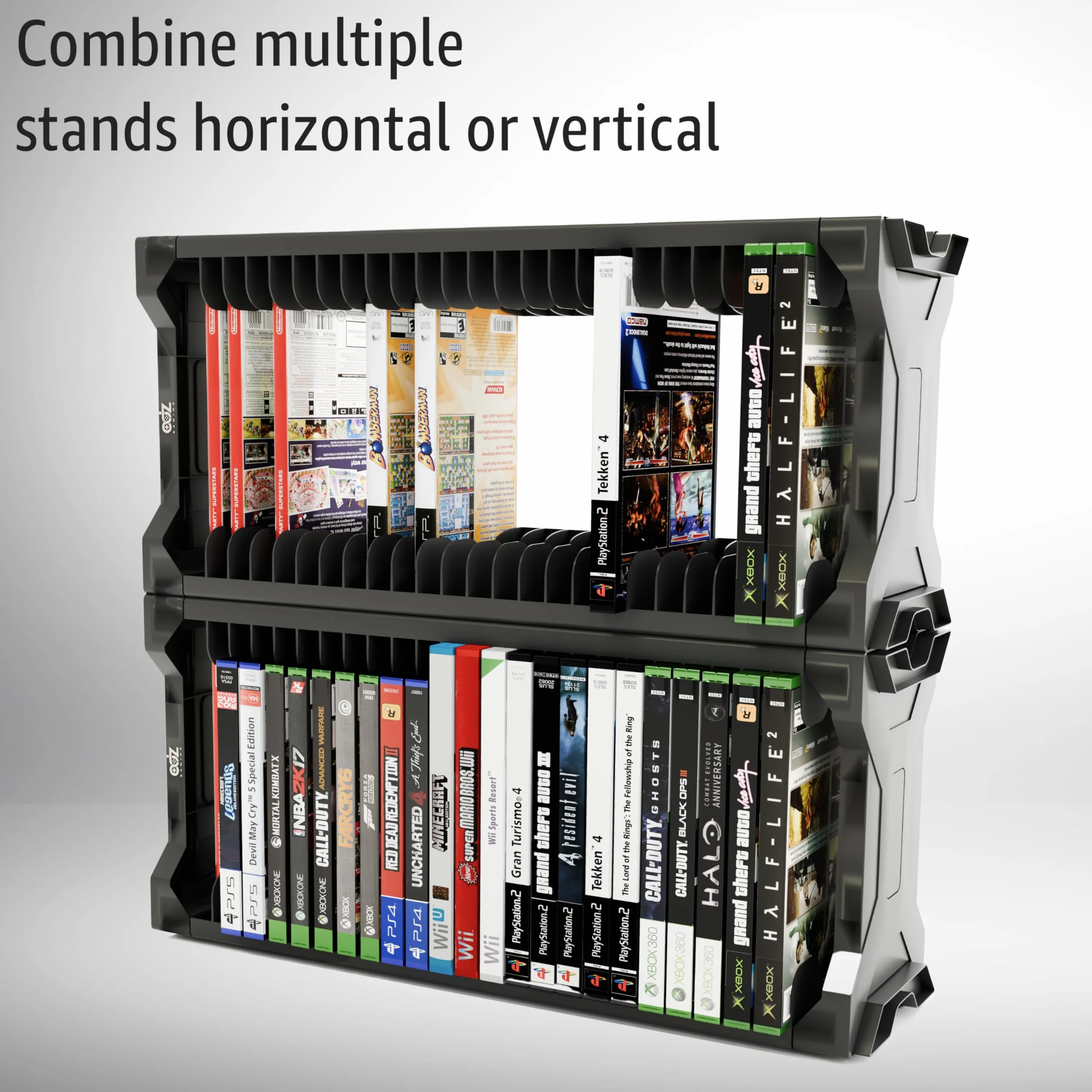 ADZ Universal Game Holder – 23 Ripiani per Archiviazione Giochi per PS2 PS3 PS4 PS5 PSP Xbox 360 Xbox One Series X Wii Switch Giochi DVD e Dischi Blu-Ray. Include 2 Supporti per Controller