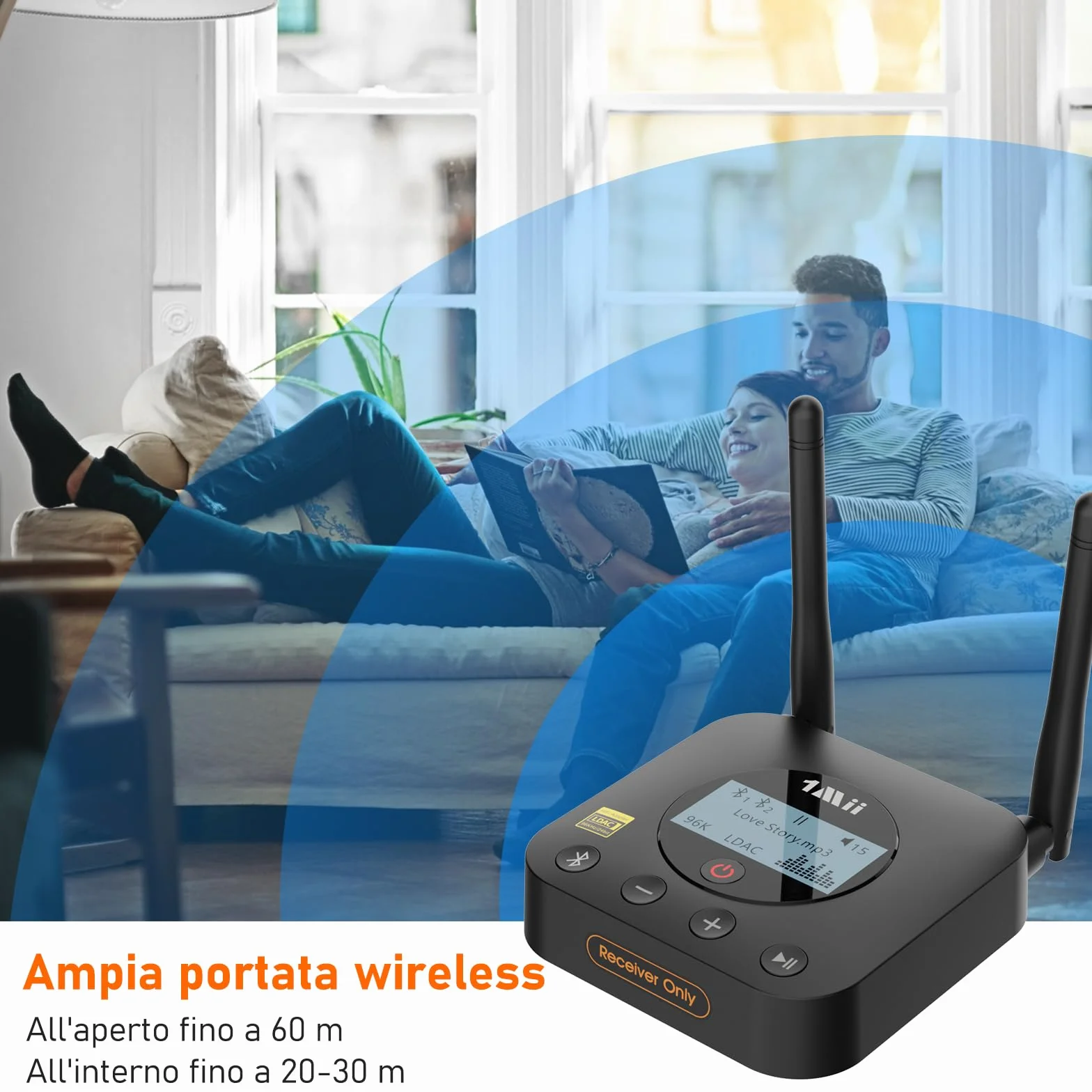 1Mii B06Pro+ Ricevitore Bluetooth HiFi, Adattatore Audio Wireless Bluetooth 5.3 Hi-Res LDAC per Stereo, aptX HD/Bassa Latenza, con Uscita Ottica/AUX, Controllo del Volume, Display LCD, Lungo Raggio
