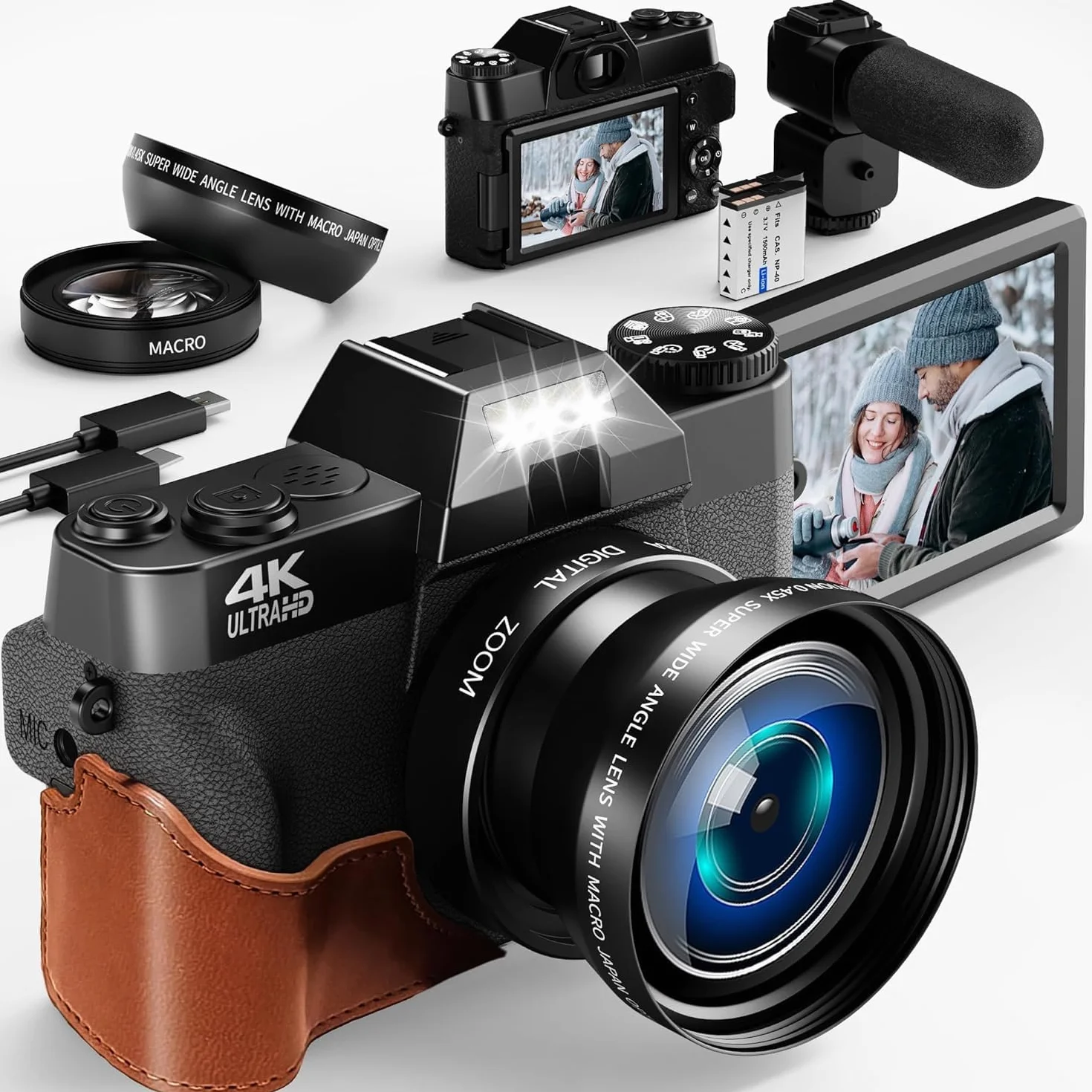 4k Macchina Fotografica Digitale, 52mm grandangolare e obiettivo macro，56MP Vlogging Camera per YouTube con Schermo Flip 180°, 18X Zoom digitale, 2 batterie, 64GB TF Card
