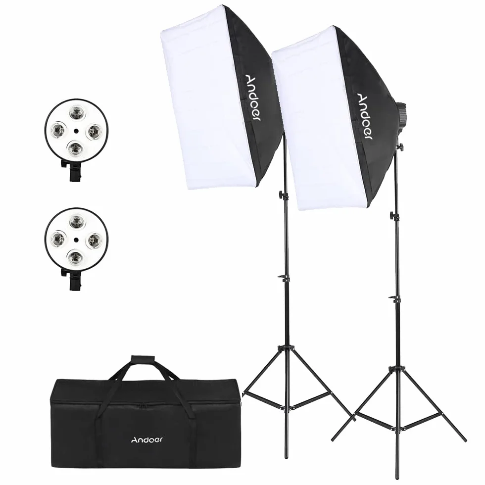 Andoer Softbox LED Set 2 x 50 x 70 cm, 2 x 4 in 1 Portalampada, 2 x 2 M Supporto di luce, Borsa da trasporto per ritratti di studio, fotografia