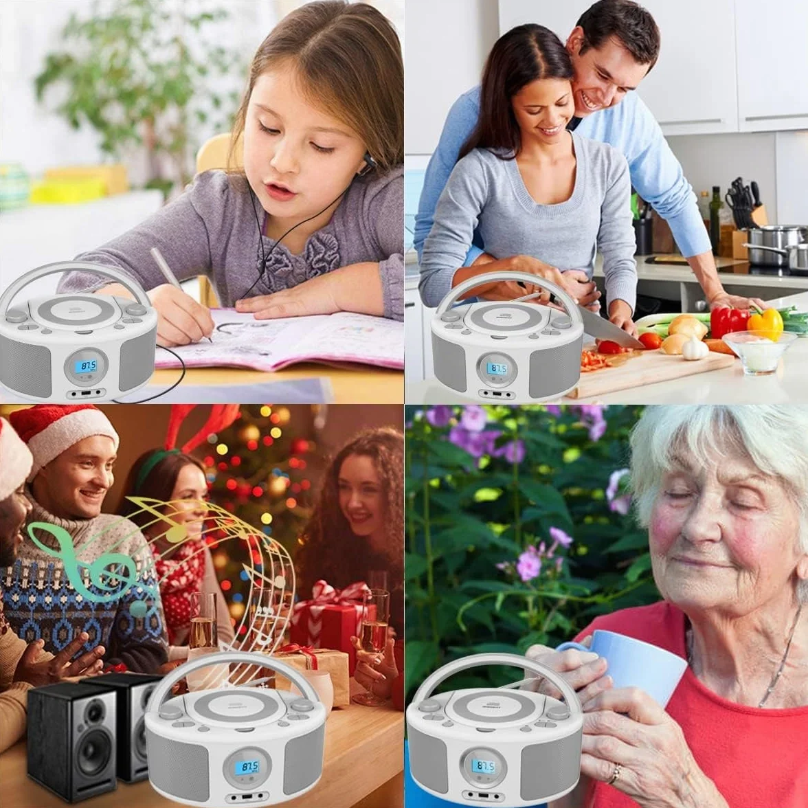 Radio Portatili Boombox con Bluetooth, Telecomando, Lettore CD Stereo con Radio FM, Ingresso Blue Tooth, USB, AUX-IN,Compatibile CD-R/CD-RW,AC o Alimentato a Batteria