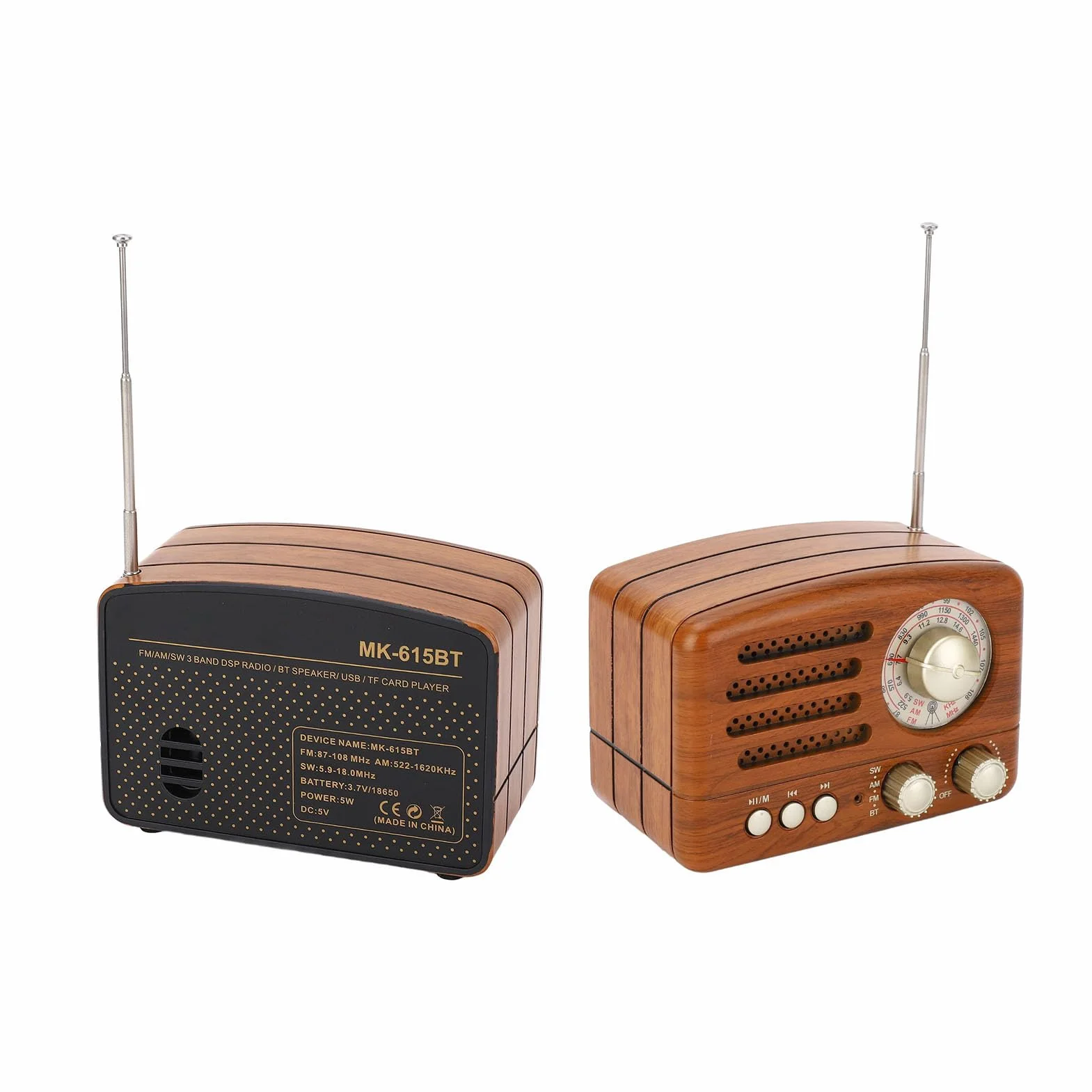 Radio AM FM vintage Altoparlante retrò portatile USB con antenna regolabile, batteria 1800mAh, legno