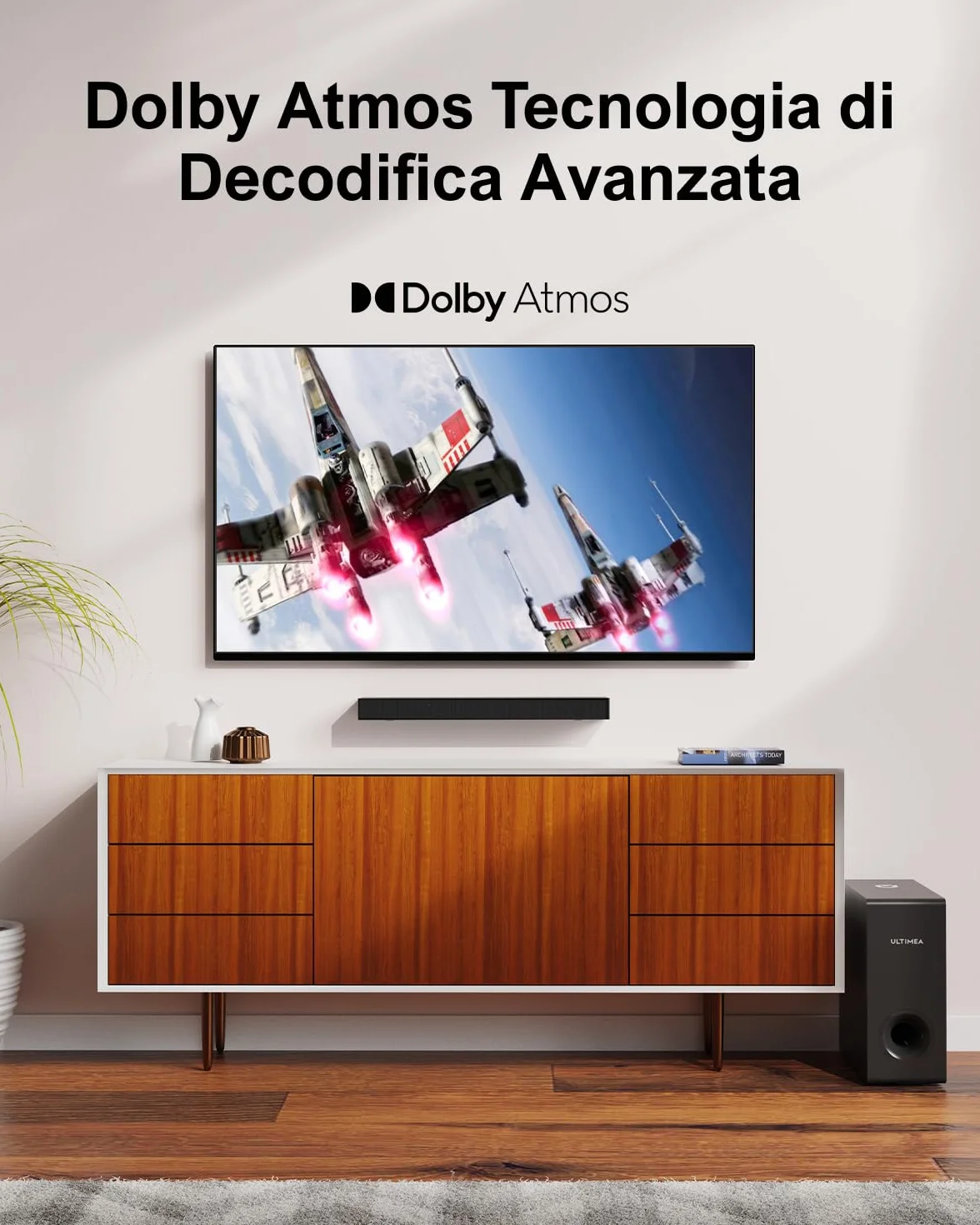 ULTIMEA Soundbar, con Dolby Atmos/Digital/Audio, Sound Bar con Subwoofer, Bassi Profondi Regolabili, Soundbar 3D Dolby Surround TV, Soundbar per TV Home Theater, HDMI-eARC, Bluetooth 5.3, Nova S50