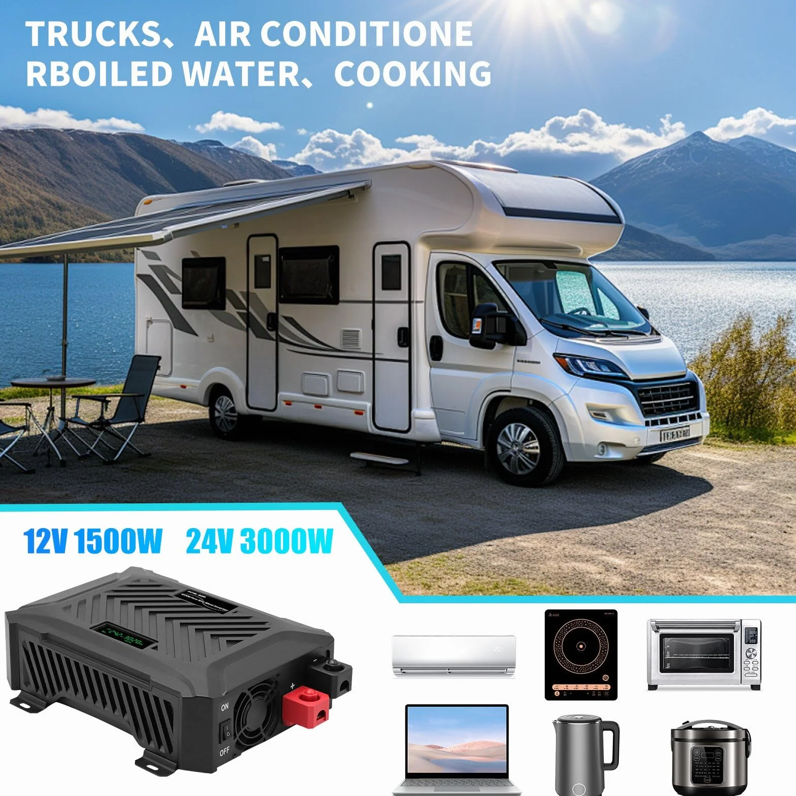 DATOUBOSS Inverter Onda Sinusoidale Pura 12V/24V a 220V Convertitore Universale Onda Pura 3000W con sistema di rilevamento intelligente, con LCD Display, interfaccia USB, Type-C e 2 presa UE