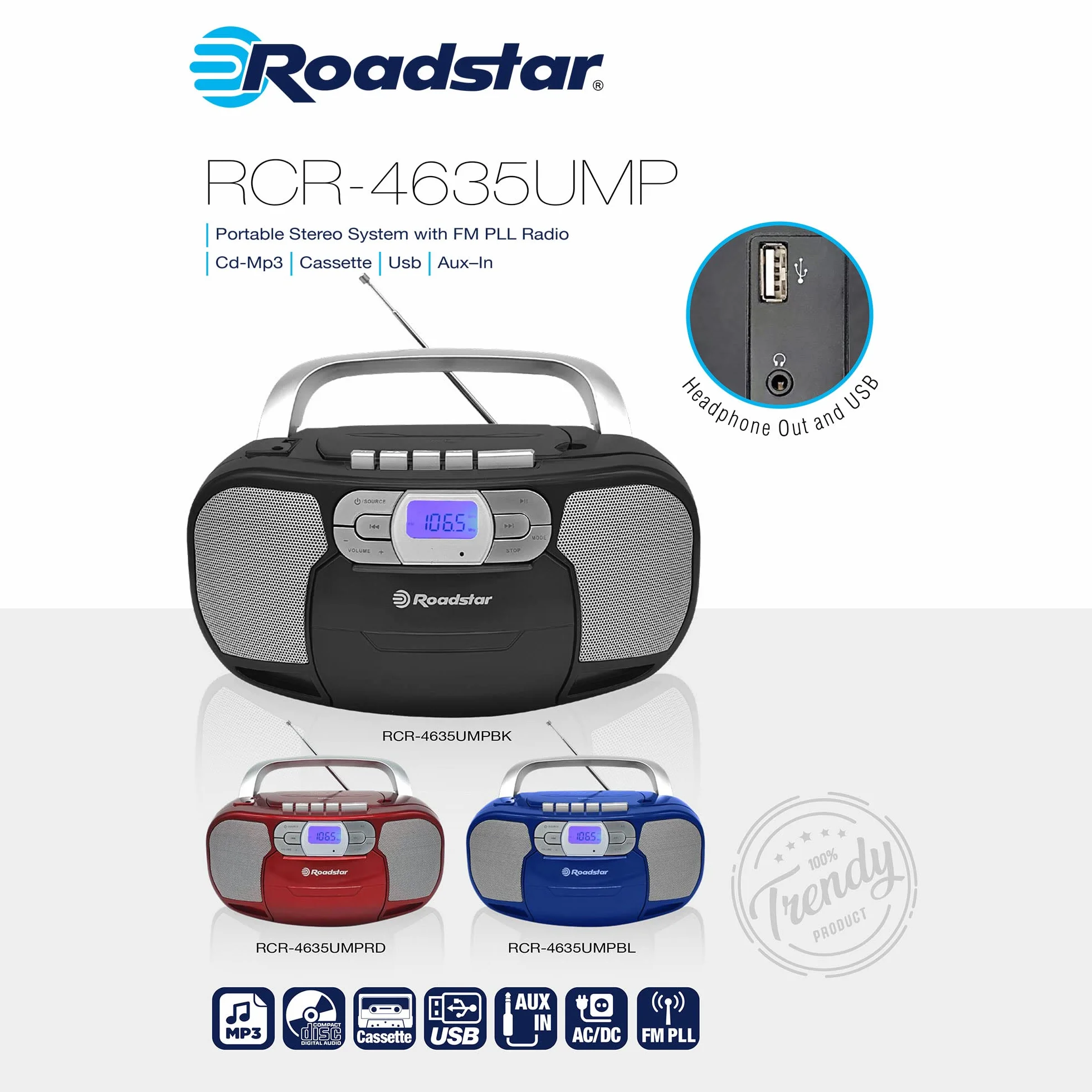 Roadstar RCR-4635UMP/RD Radio CD Portatile Cassette, Radio Digitale PLL FM, Boombox Lettore CD-MP3, USB, AUX-IN, Uscita cuffie, Rosso
