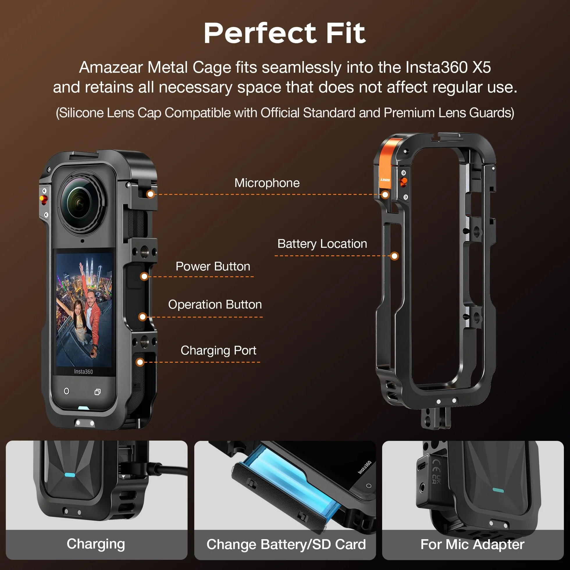 Amazear Custodia protettiva in metallo per accessori Insta360 X5, telaio multifunzione Insta 360 X5, struttura in alluminio con blocco a sgancio rapido, vari supporti di espansione