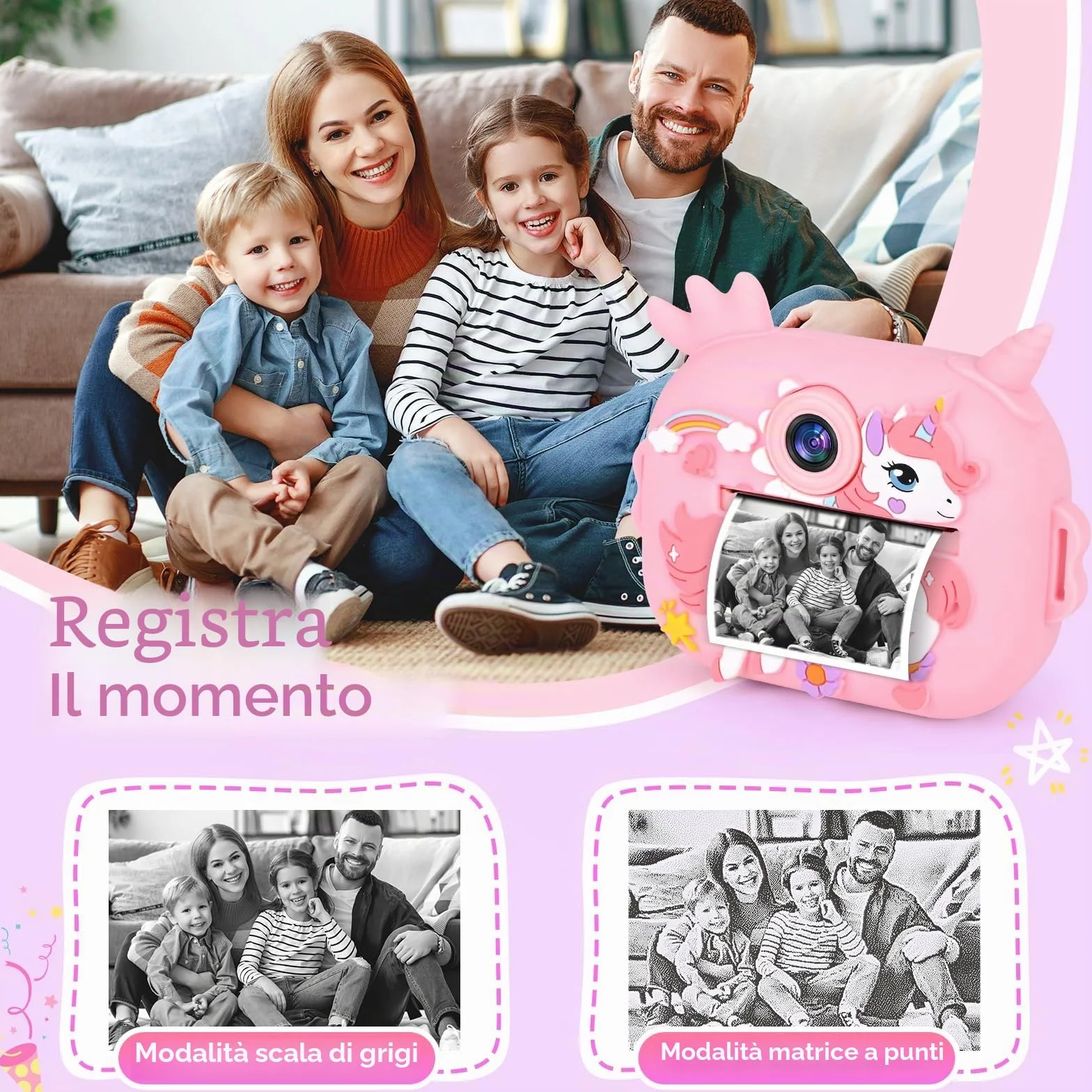 Macchina Fotografica Bambini Istantanea, Ambesty 2,4 Pollici 1080P Fotocamera Bambini Selfie, Fotocamera Digitale con 32GB Scheda e Carta Fotografica, Regali di Natale da 3-12 Anni (Rosa)