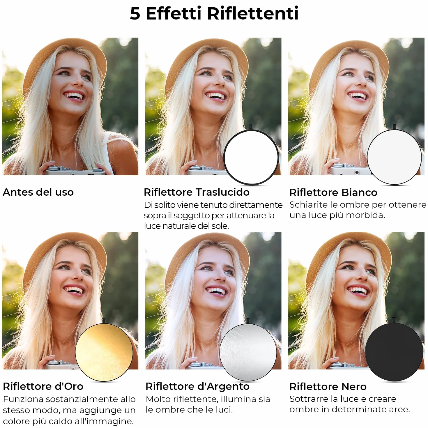 K&F CONCEPT 5-in-1 Riflettore di luce 43" (110 cm) Diffusore Fotografico Pieghevole Portatile per Studio e Illuminazione Esterna Oro Argento Bianco Nero Traslucido