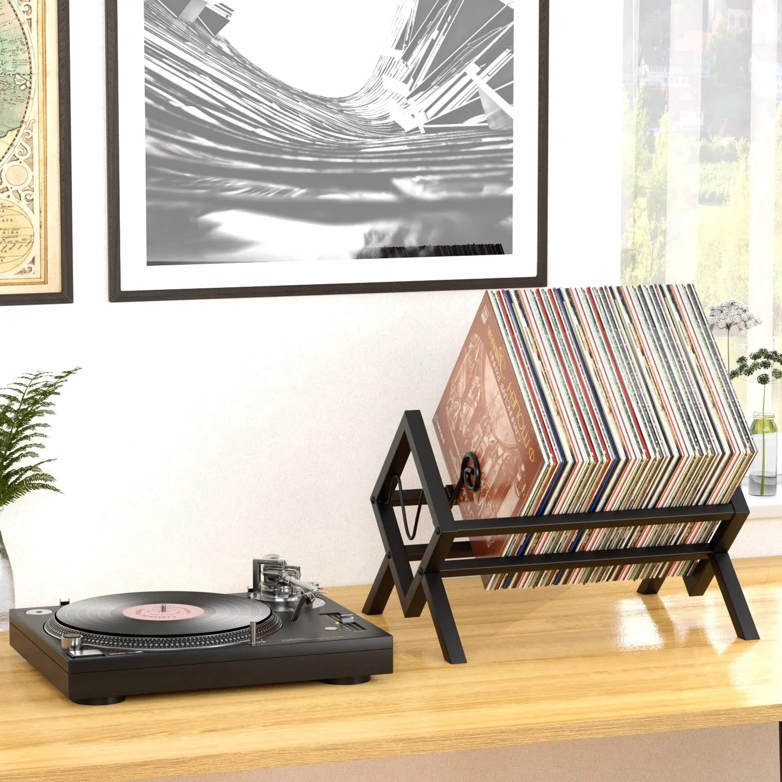 EKNITEY Supporto per dischi in vinile, supporto per dischi in metallo, 80-100 LP, organizer per album audio, facile da montare, nero