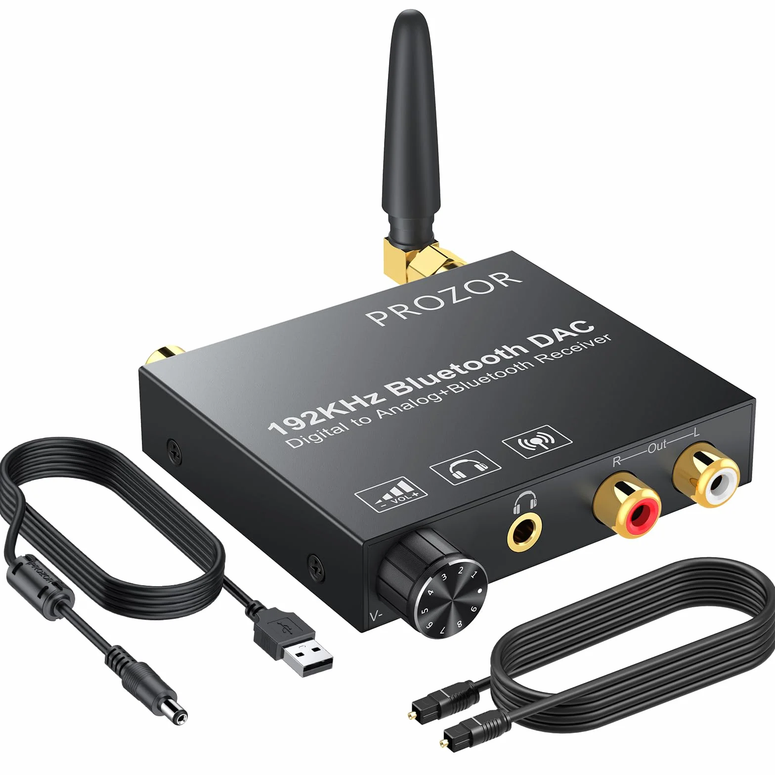 PROZOR Convertitore DAC 192kHz Bluetooth 5.0 Volume Regolabile Adattatore Audio Digitale Coaxial Toslink Analogico Stereo L/R RCA 3.5mm