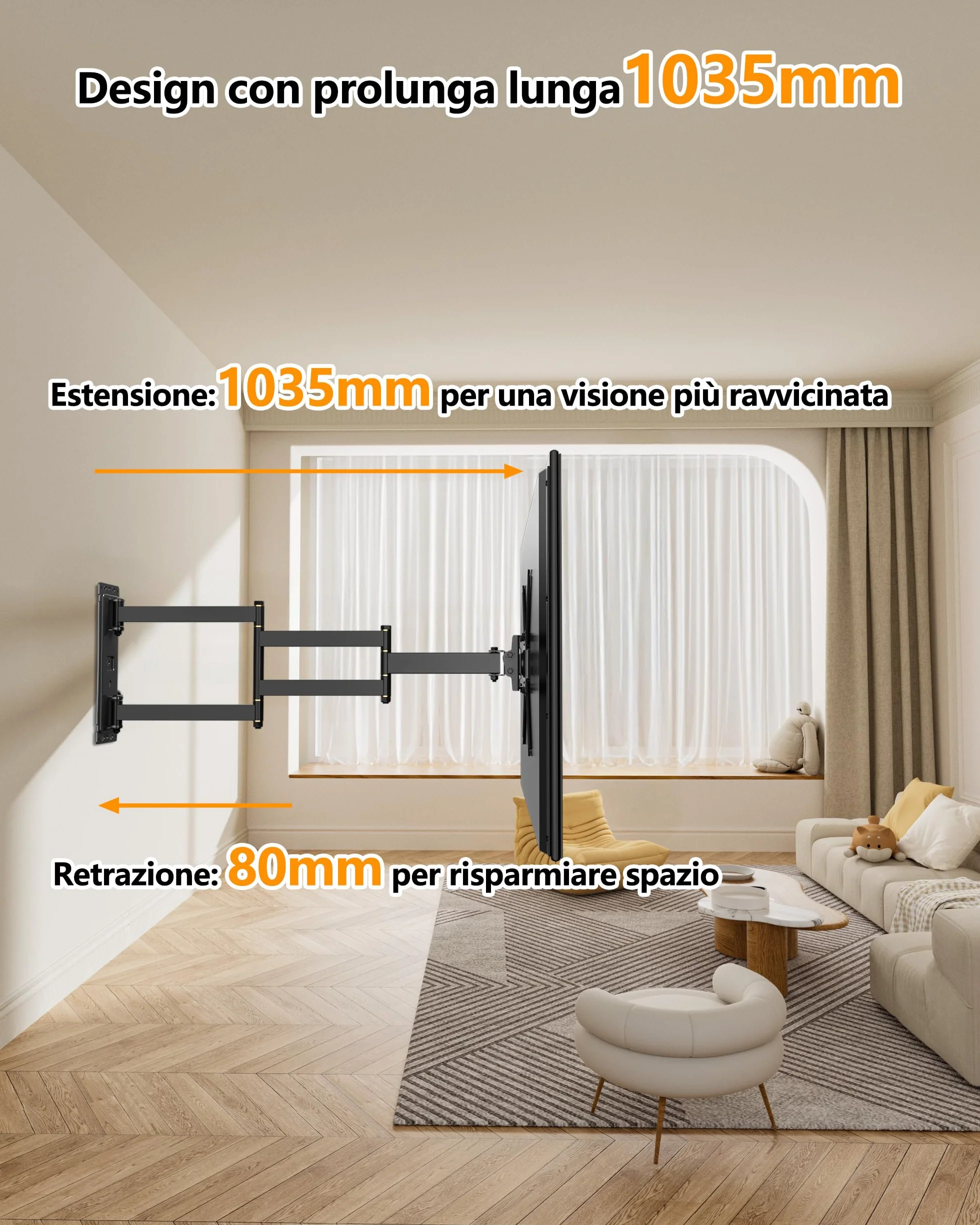 Supporto TV Parete con Braccio Articolato Extra Lungo 1035 mm, 180° Rotazione Supporto TV Monitor per LED/LCD da 17-50 Pollici Fino a 30 kg, Inclinabile Orientabile Estensibile, VESA 300 x 300 mm