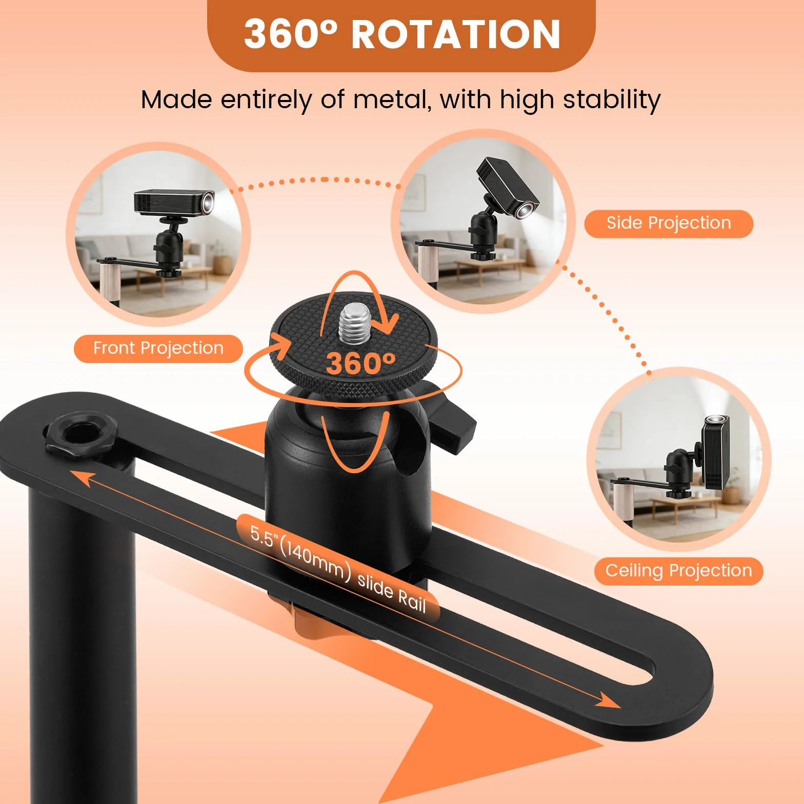 Supporto per proiettore, girevole a 360°, altezza regolabile 40-160 cm, attacco filettato 1/4", supporto per proiettore in acciaio al carbonio di alta qualità, per presentazioni, home theater, ufficio