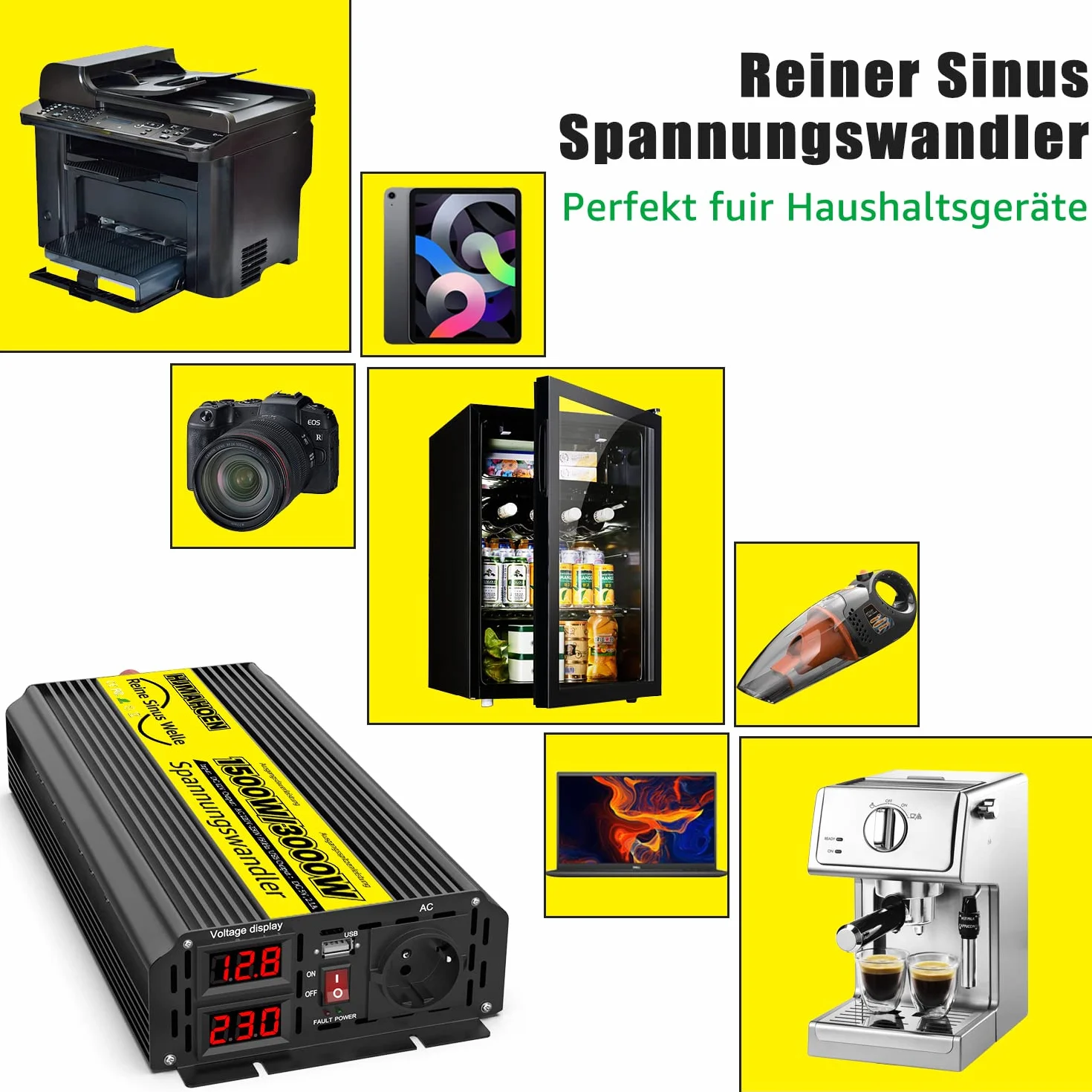 1500W/3000W Pura Sinusoidale Inverter a Onda Sinusoidale Pura da 12V a 230V Convertitore di Tensione a Onda Sinusoidale Pura, per Camper, Camion, Con Porte di Ricarica USB Integrate 5V/2.1A