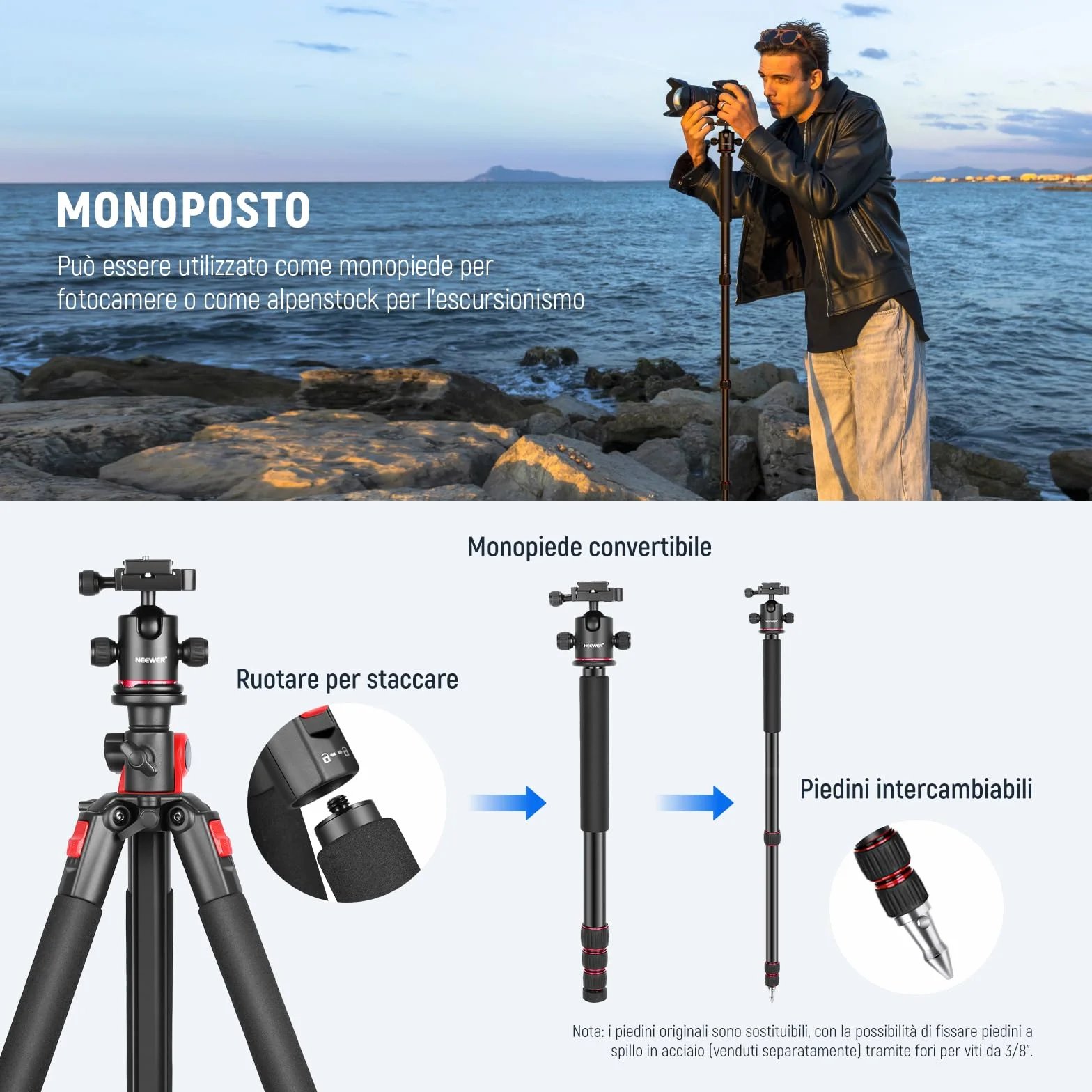 NEEWER 184cm Treppiede Monopiede per Fotocamera con Colonna Centrale e Testa a Sfera in Alluminio, Piastra QR Tipo Arca, Borsa, Treppiede Braccio Orizzontale per Fotocamera DSLR, Videocamera, Max 33lb