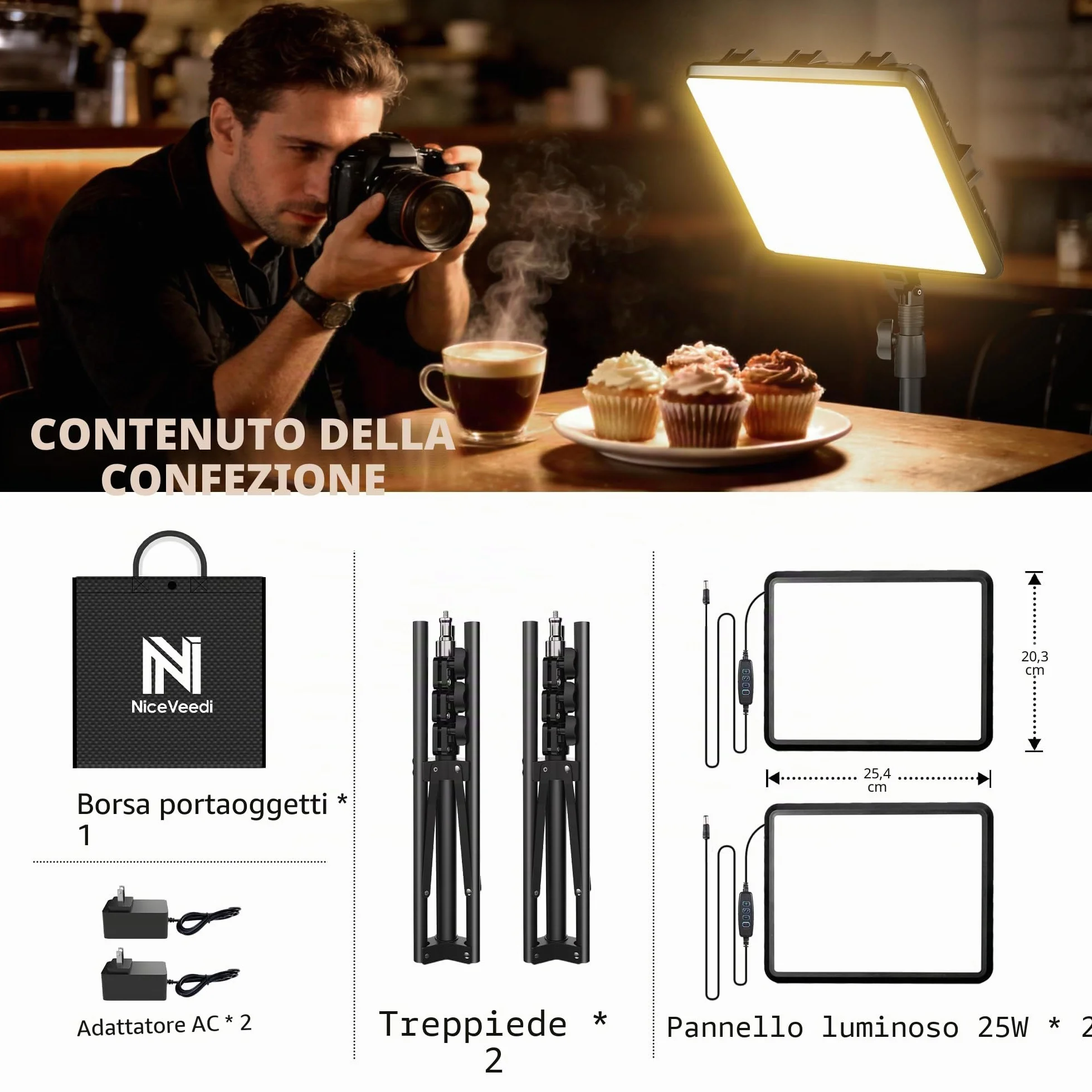 NiceVeedi Illuminazione fotografica da 25 W, 185 cm, kit di 2 pannelli video a LED, 2900-7000 K, dimmerabile, luce da studio con treppiede, luce di streaming per registrazione video YouTube (25W-1)