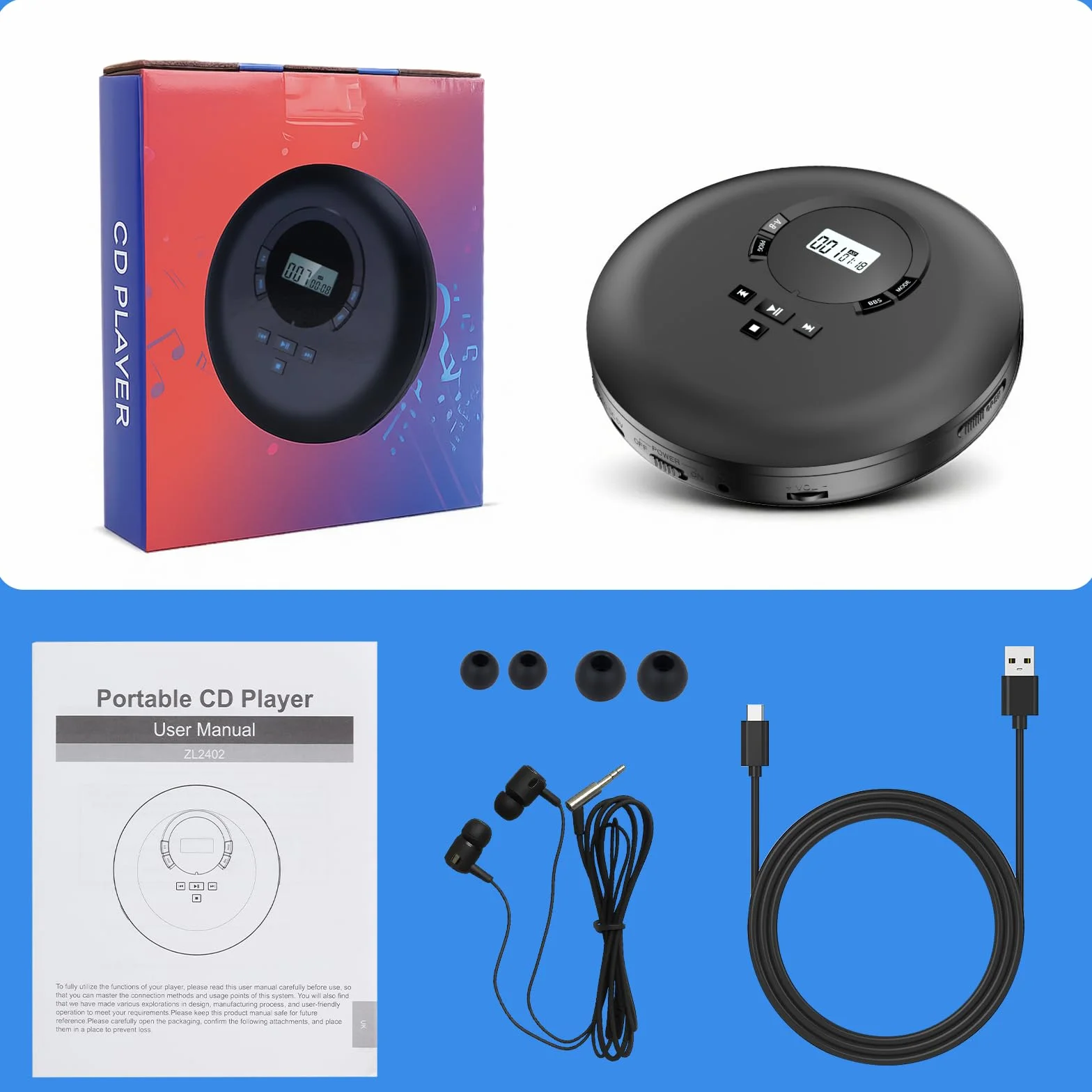 Gueray Lettore CD Portatile Hifi con display stereo cd Lettore CD con cuffie Supporto PROG ASP Funzione di memoria Funzione di ripetizione A-B Effetto BASSO