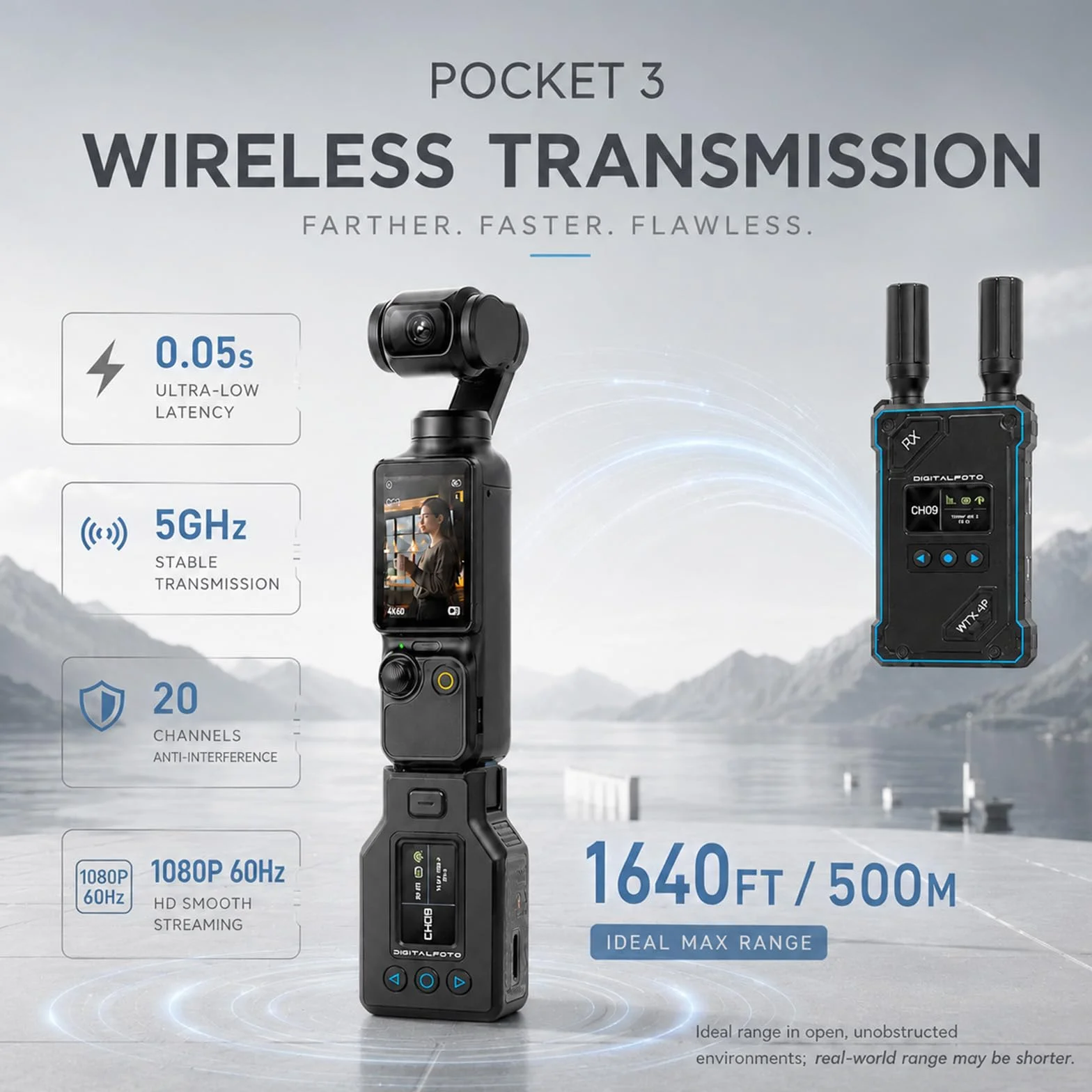 DF DIGITALFOTO WTX-4P Trasmettitore Ricevitore HDMI Wireless per DJI Osmo Pocket 3, Portata 500m, Bassa Latenza 0,05s, Uscita UVC & HDMI 1080P, Sistema Video con Mini Treppiede