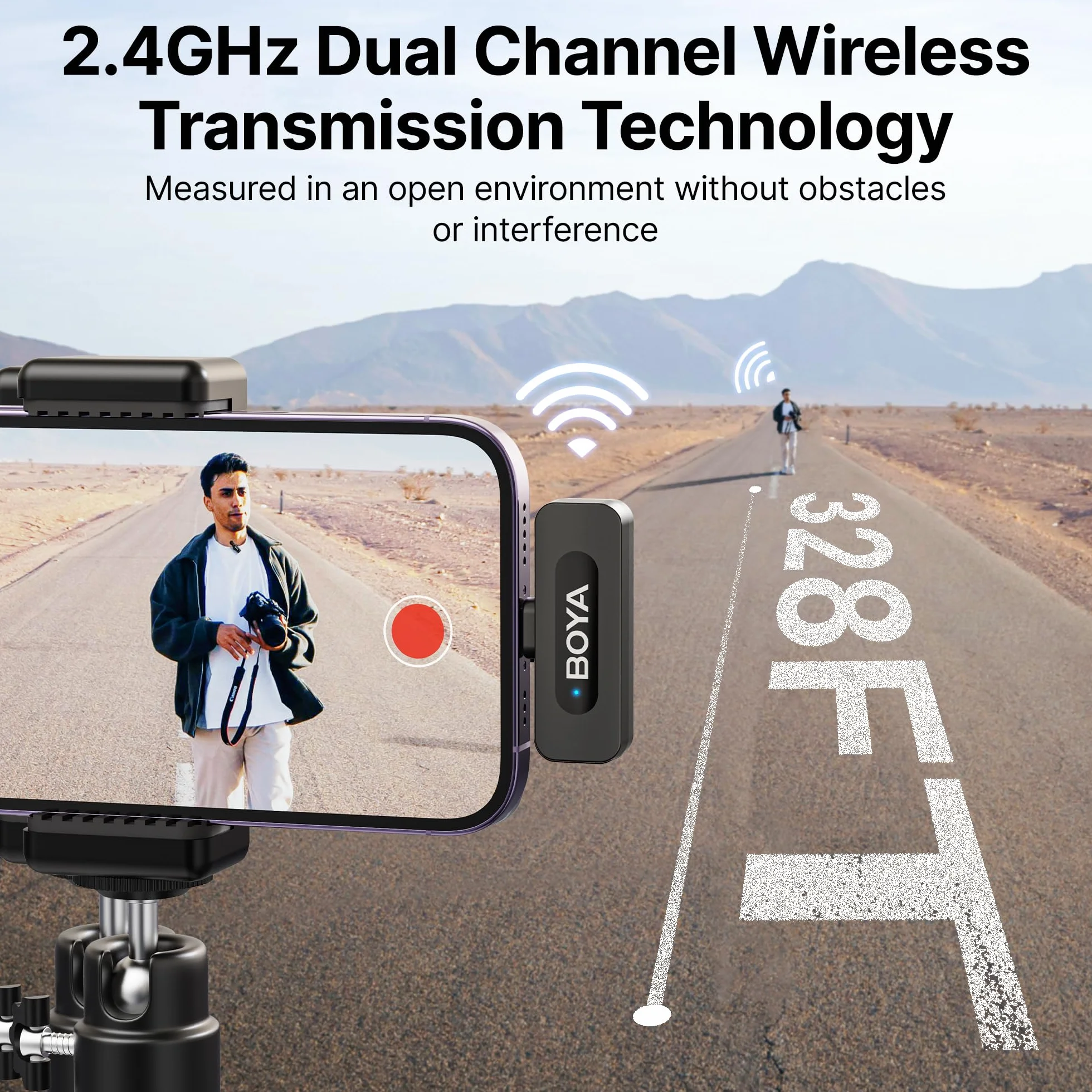 BOYA BY-V2 Mini Microfono lavalier wireless (2TX+1RX) per iPhone, riduzione del rumore, doppio microfono a bavero per registrazioni su YouTube, Podcast, Facebook, Tiktok Vlogging