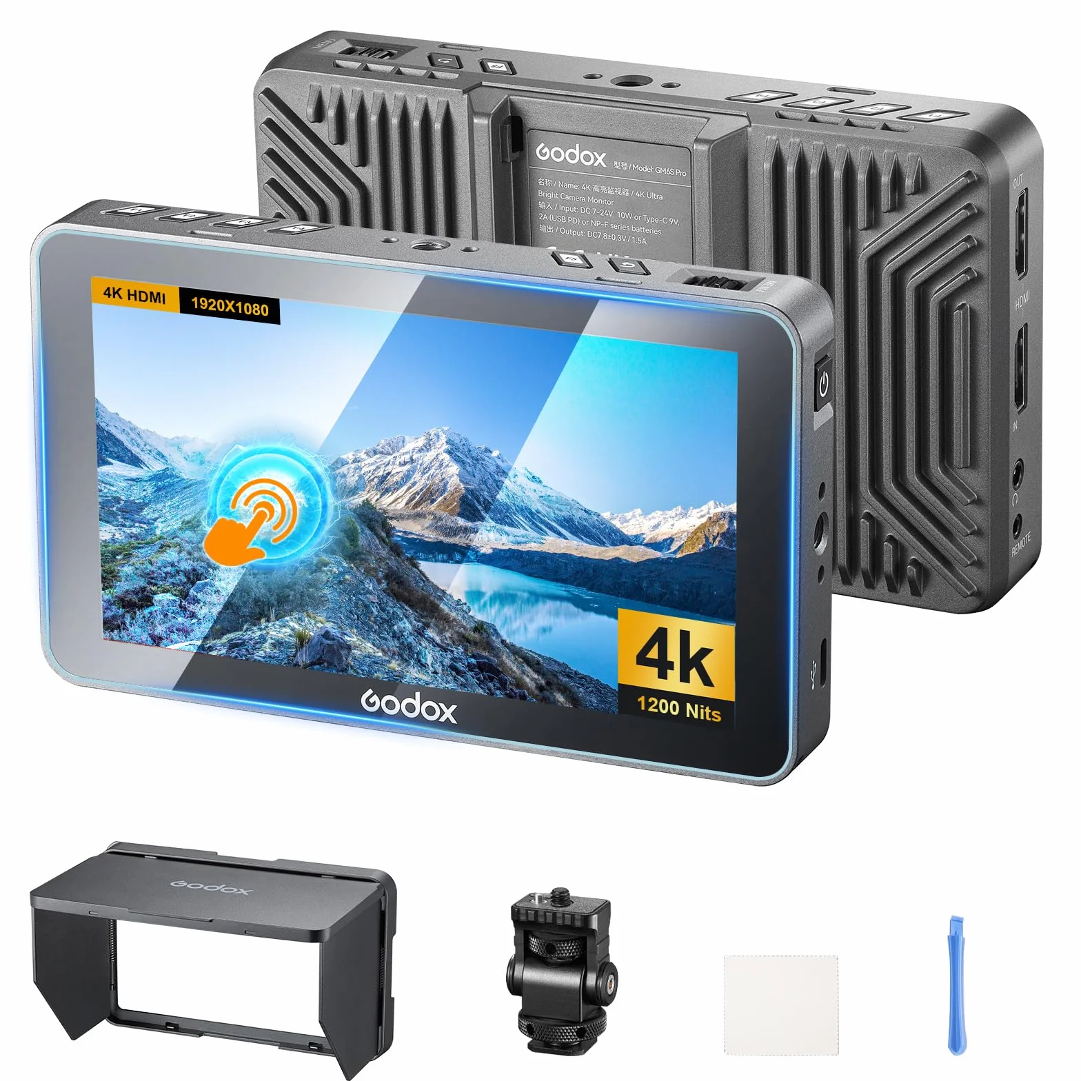 Godox GM6S Pro Kit1 5,5 Pollici 2000 Nits Display Girevole con Telecomando Monitor per Fotocamere 4K HDMI DSLR Monitor da Campo 1920*1080 IPS Controllo Touch con Parasole Anti-Sole e Supporto Freddo