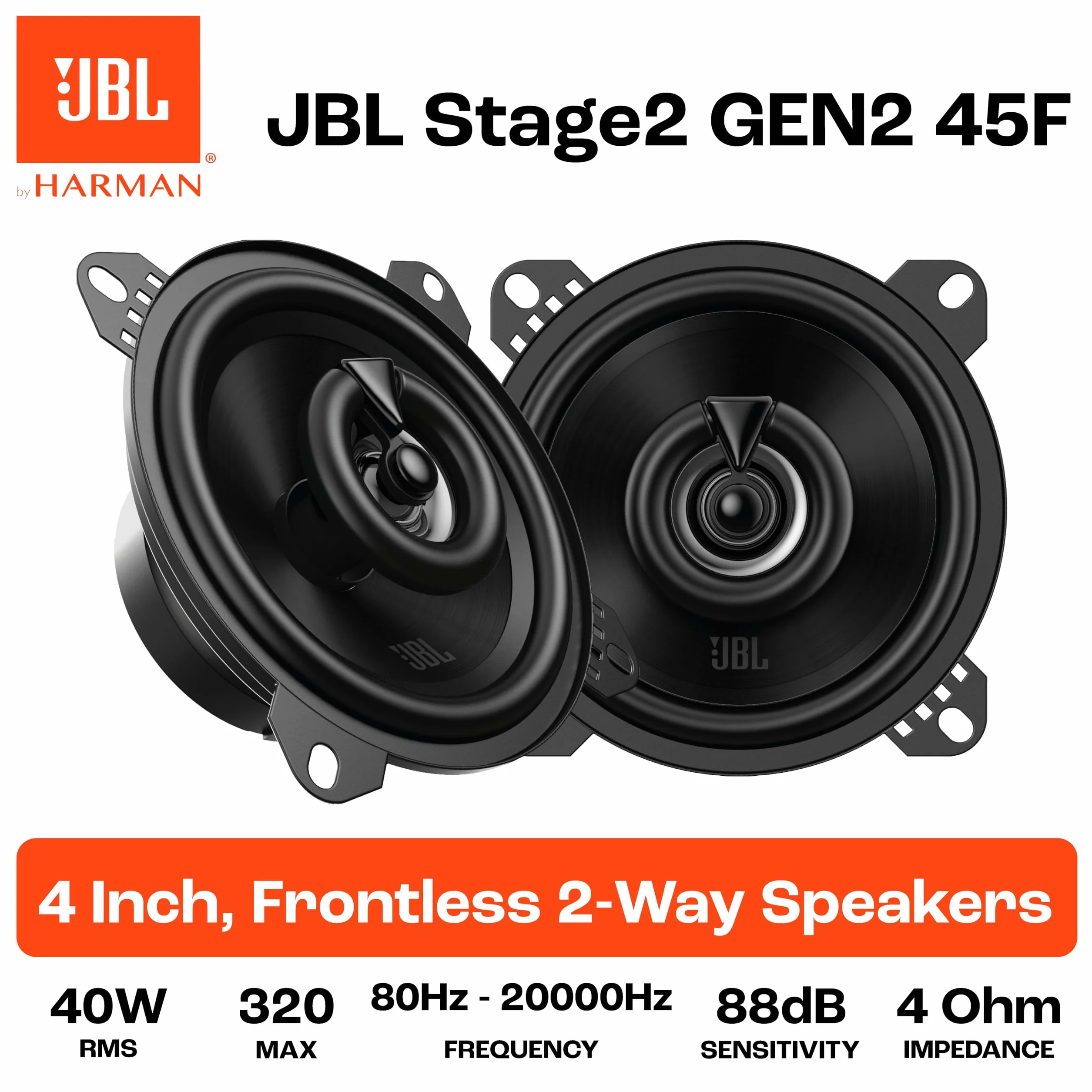 JBL Stage2 45F Gen2 altoparlanti coassiali 2 vie 4 pollici 40 W RMS, 320 W picco, 4 Ω, 88 dB, woofer in polipropilene Plus One™, tweeter PEI, design slim, suono chiaro, installazione facile