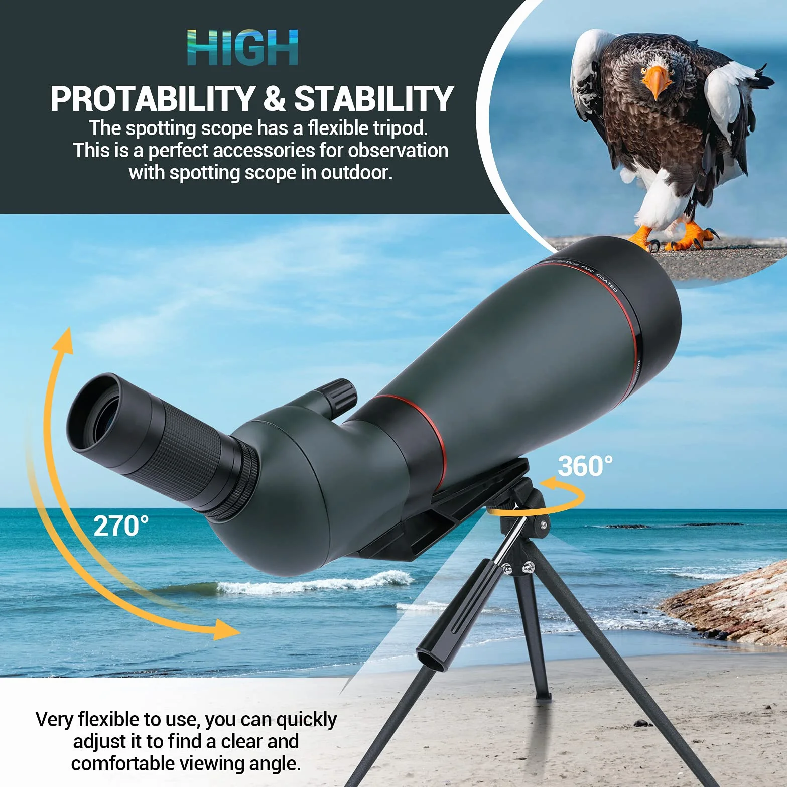 NOCOEX Vista lunga 25-75x 100mm impermeabile HD con treppiede, custodia per il trasporto, lente FMC per Bird Watching, Caccia, Turismo all'aperto Verde