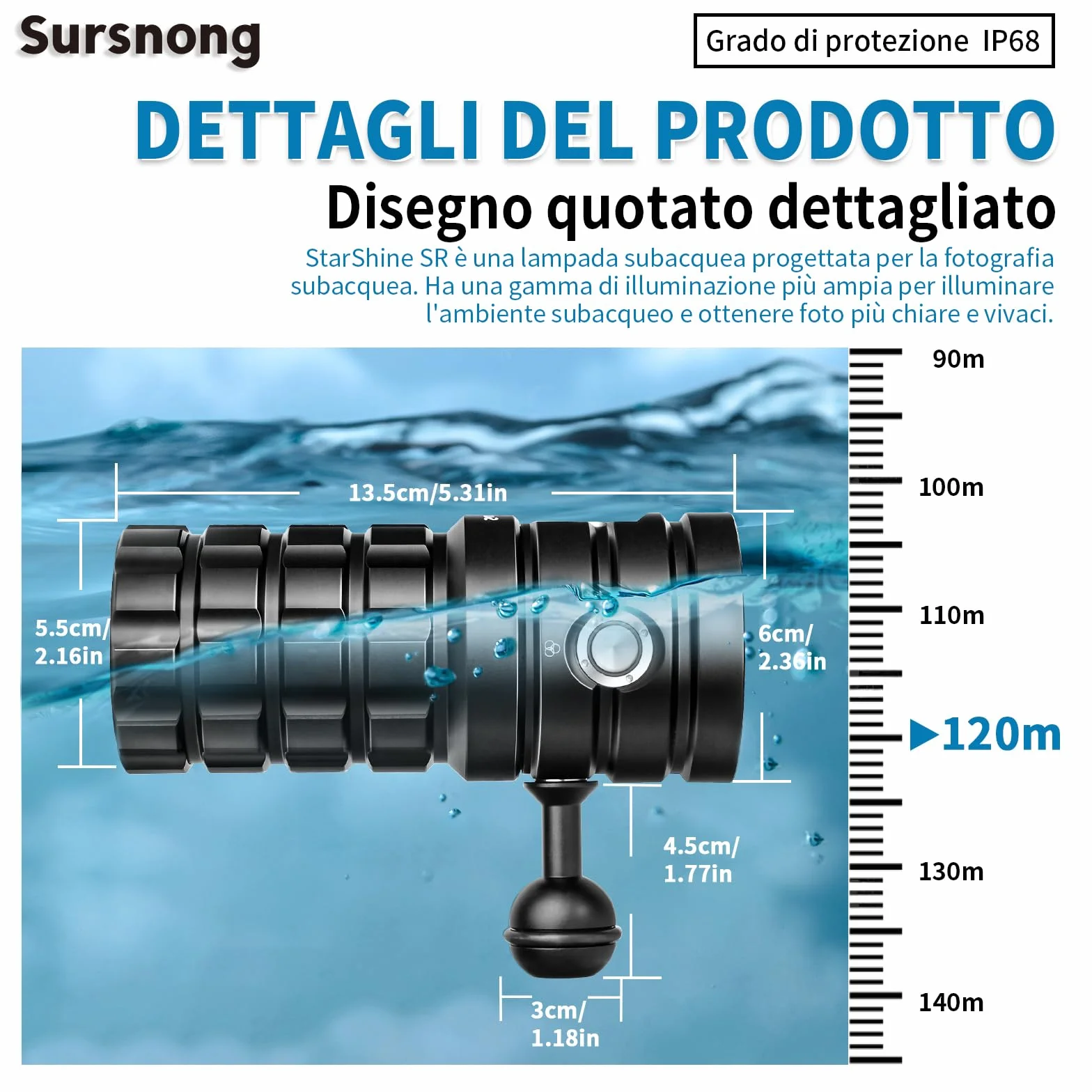 SR 10000 Lumens Torcia Subacquea Video - torcia subacquea professionale con 95 CRI, luce bianca 6500K, per immersioni/fotografia subacquea/videografia (impermeabile IP68, profondità 120m)