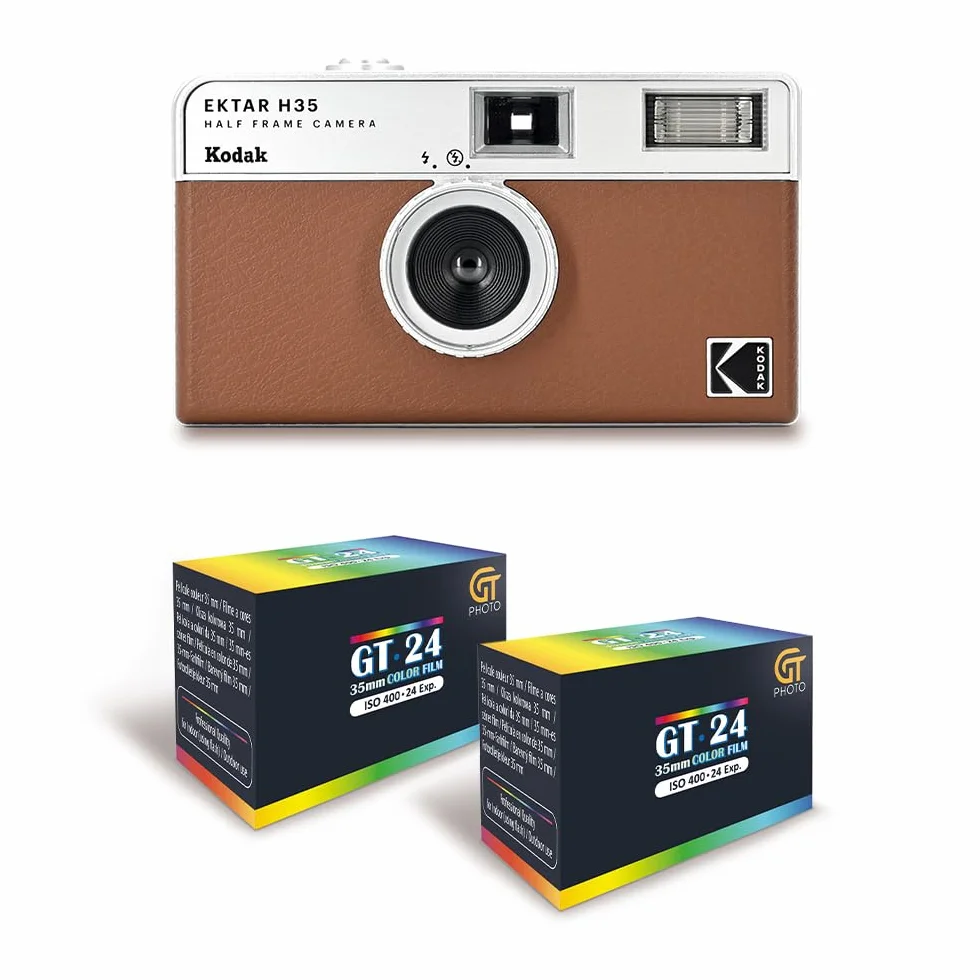 KODAK EKTAR H35 - Videocamera da 35 mm, riutilizzabile, senza messa a fuoco, leggera, facile da usare, marrone + 2 pellicole 35 mm, colore 24 esposizioni