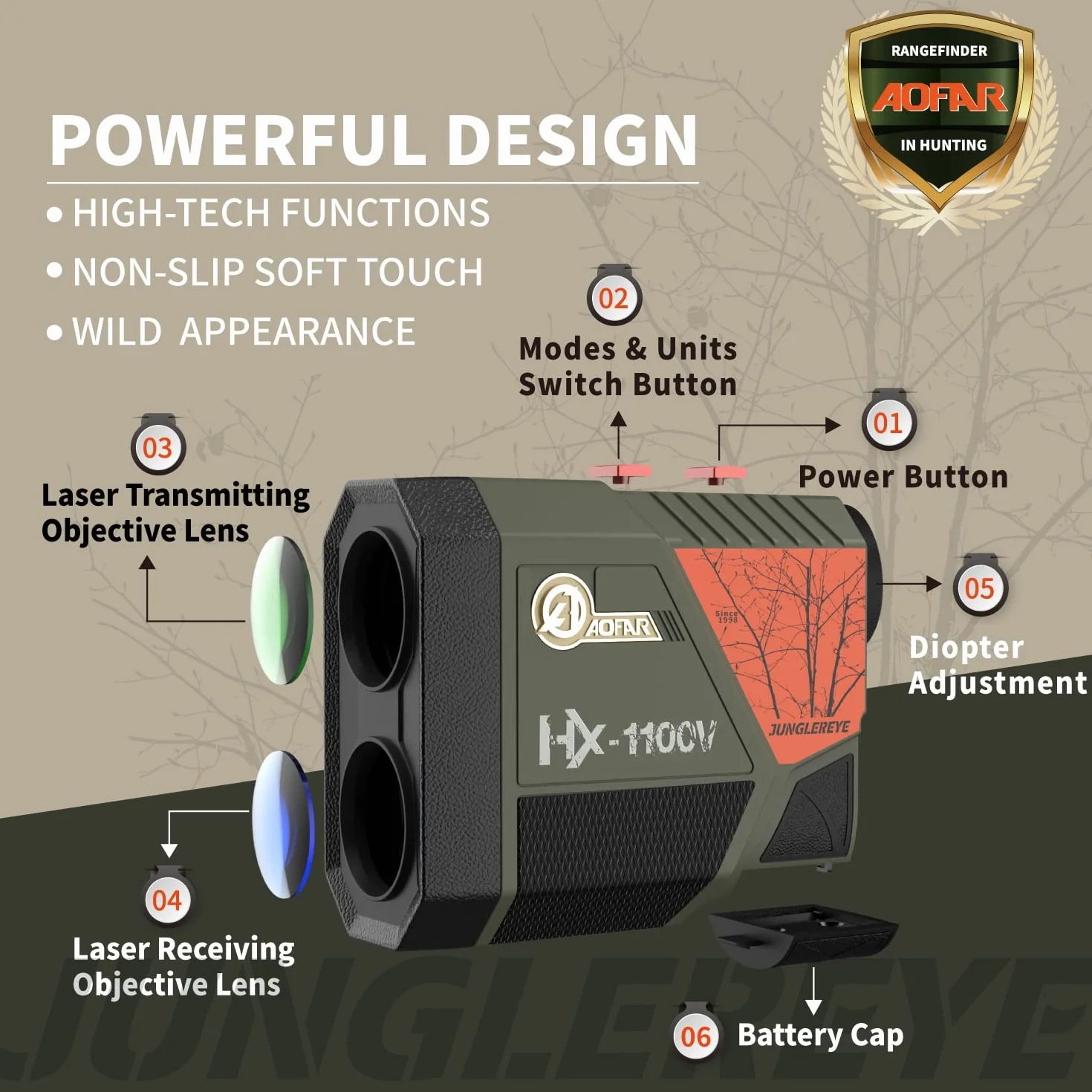 AOFAR HX-1100V Telemetro Caccia 1100 yards, Compensazione della Pendenza con Angolo, Alta Precisione, Portata, Velocità, Modalità di Scansione, 6X Ingrandimento, Imballaggio Regalo, Batteria Gratuita