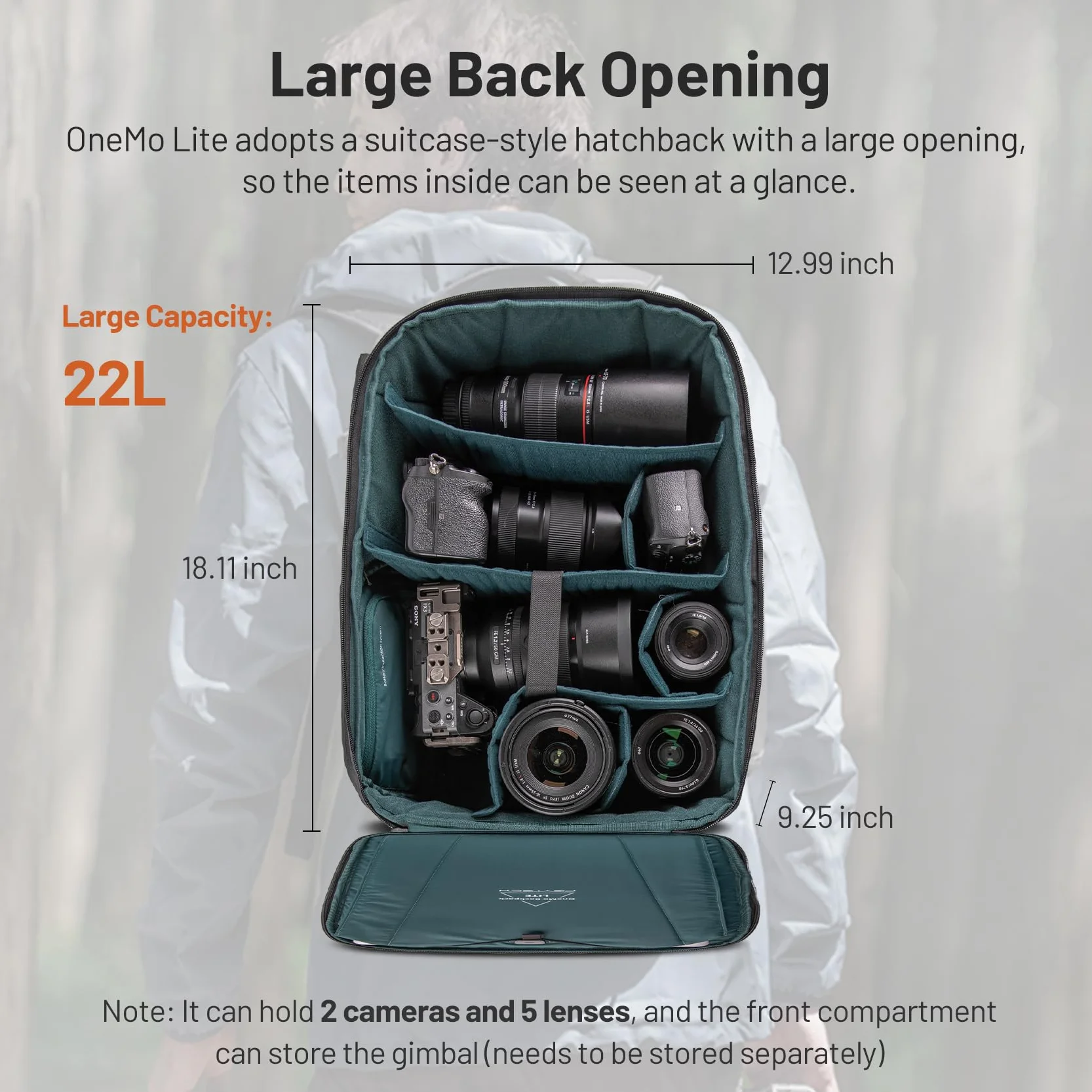 PGYTECH OneMo Lite Zaino Fotografico 22L, Borsa Impermeabile per fotocamera professionale per DJI Mavic Series/DJl Mini 4 Pro/DJI Avata 2, DSLR/SLR Mirrorless, Nero