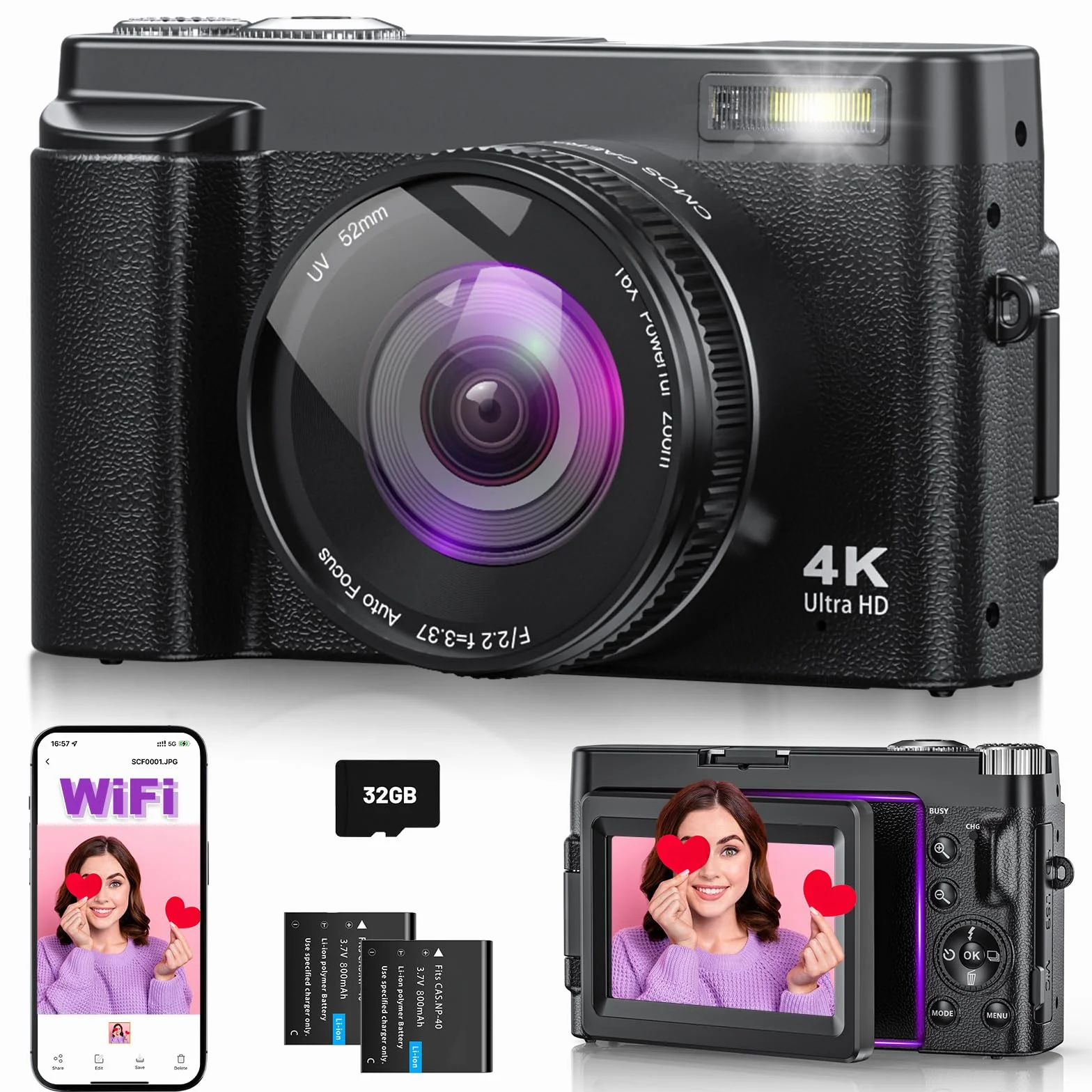 Fotocamera Digitale 4K 64MP WiFi Zoom 16X Schermo Girevole 180° Autofocus per Vlog e Selfie, Compatta con Scheda 32GB, 2 Batterie e Caricabatterie, Ideale per Principianti