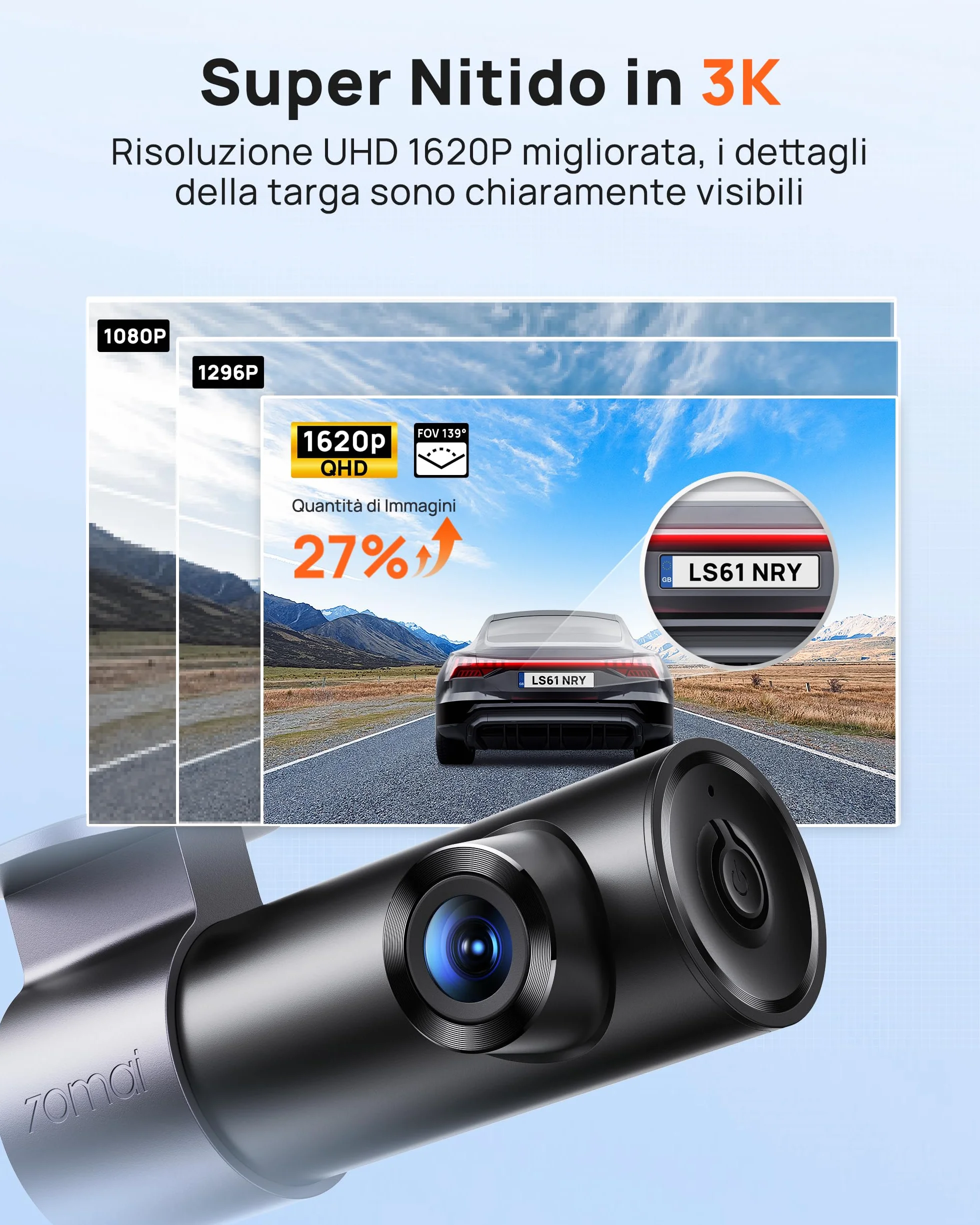 70mai Dash Cam M310 Plus 3K 1620P, WiFi, Visione Notturna, Registrazione Time-lapse, WDR, Modalità Parcheggio, Max 256 GB