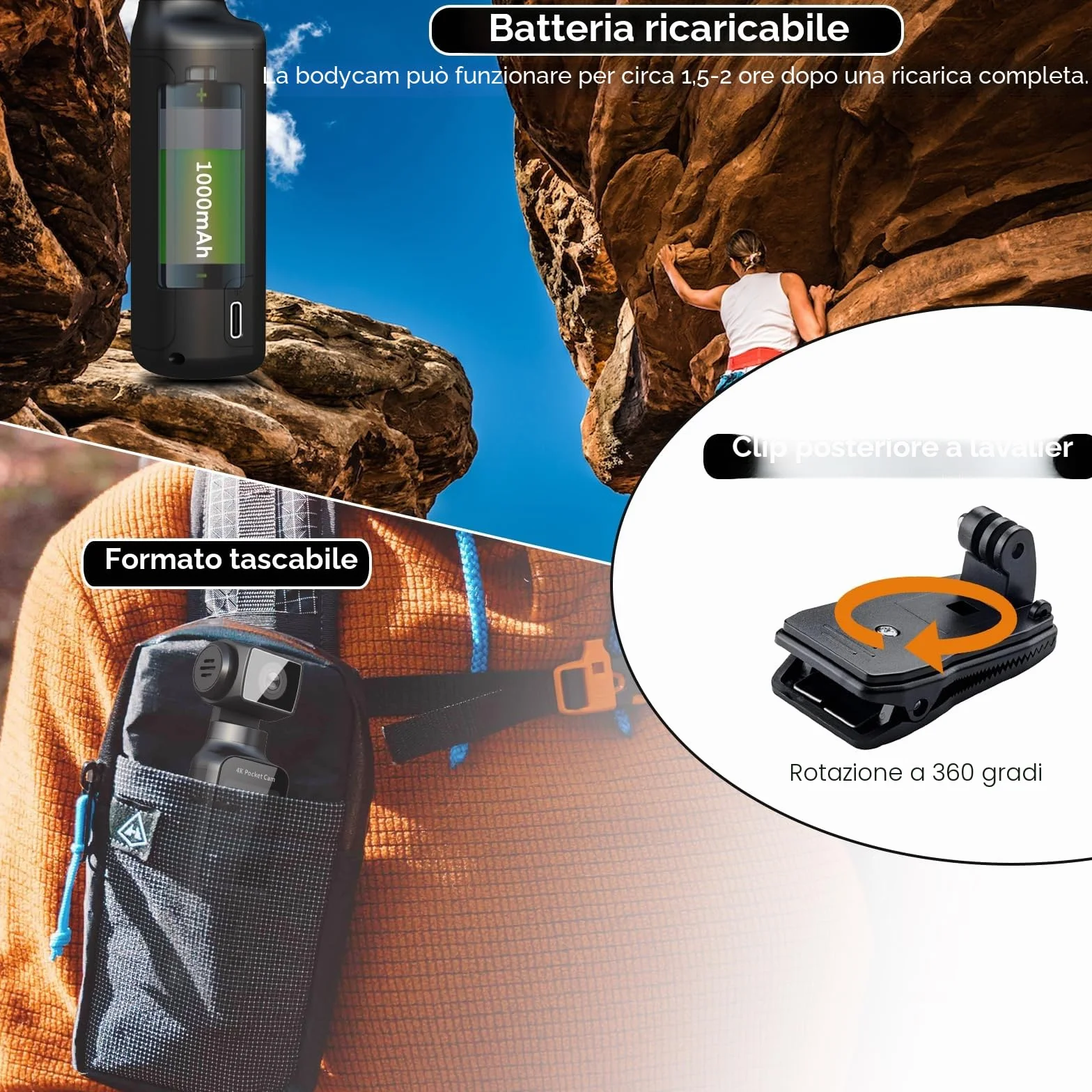 ydi Telecamera da Corpo 4K con Microfono Esterno, Video & Audio Mini Vlog Videocamera Tascabile Rotazione 270° Telecamera per Sport, Bici, Viaggi, Strumento di Polizia, 64 GB Inclusi