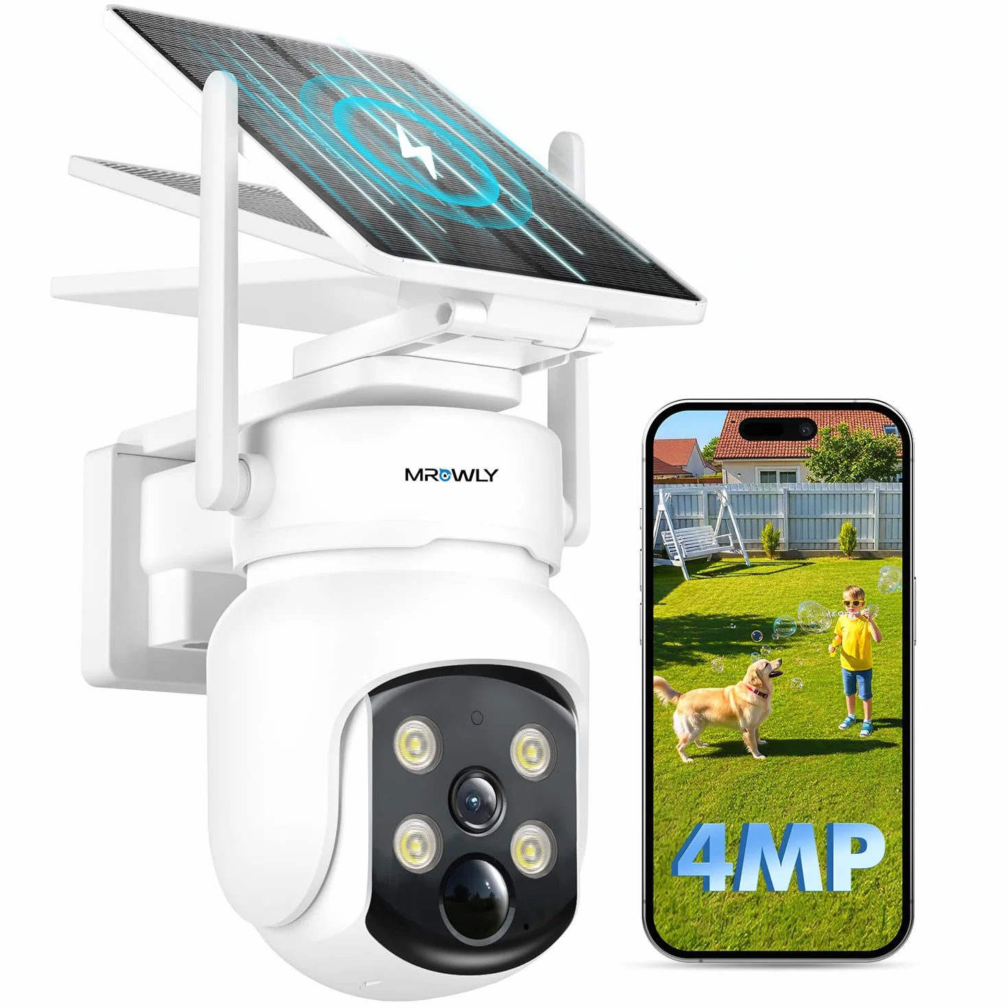Telecamera Wi-Fi Esterno con Pannello Solare 2 in 1, 4MP/2.5K Senza Fili, 360°, Visione Notturna a Colori, Rilevamento PIR