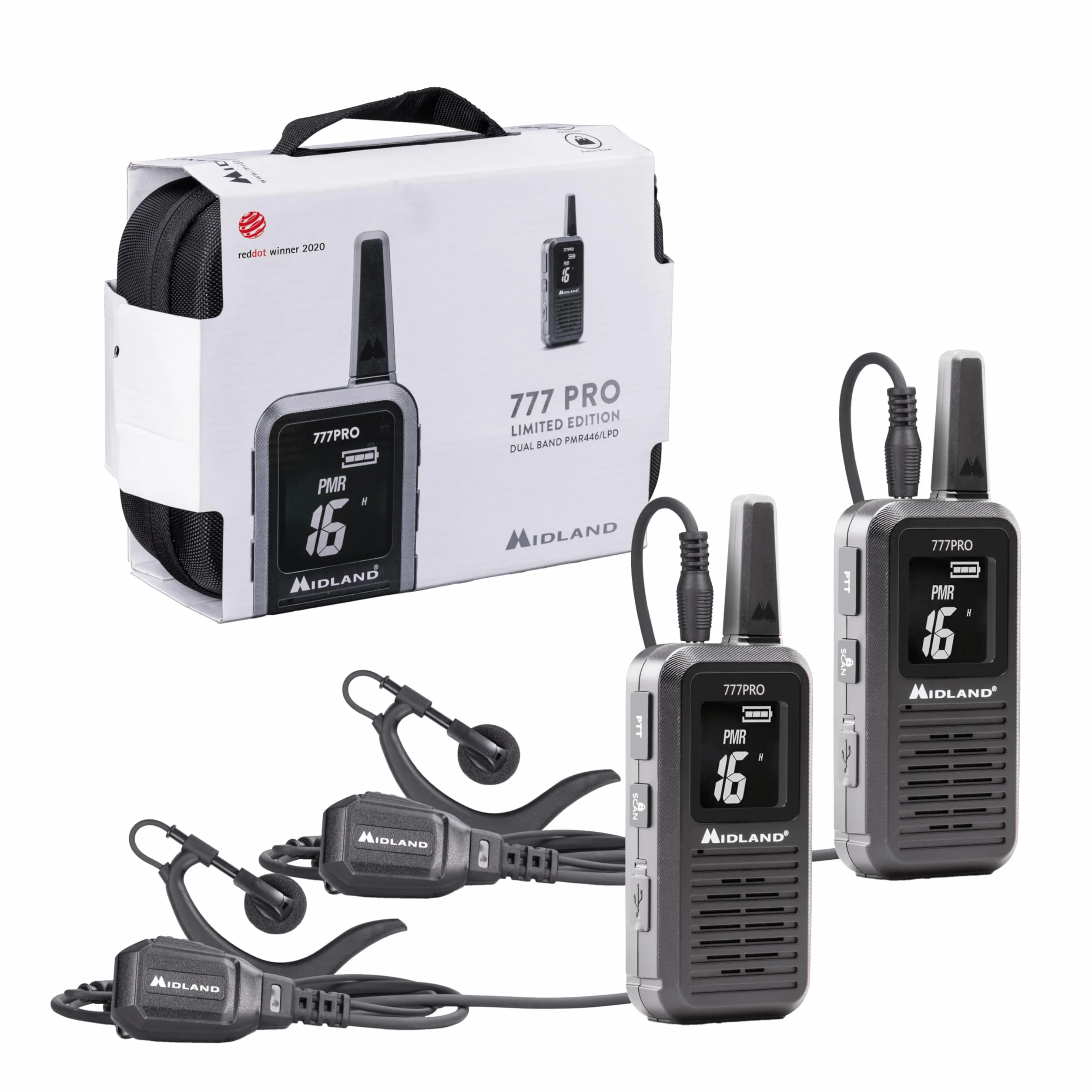 Midland - Walkie Talkie 777 Pro Limited Edition, 2 Ricetrasmittenti 85 Canali PMR446/LPD, 38 CTCSS, VOX, 2 Batterie, Display LED, 2 Cuffie MA21-777 Pro, Caricatore Doppio, 1 Cavo MicroUSB, Valigetta