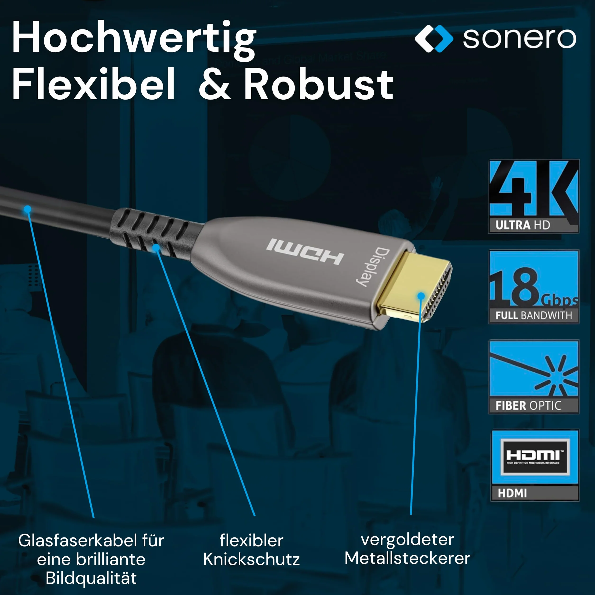 sonero® cavo HDMI 2.0b da 30 m, fibra ottica ibrida, UHD 2160P, 4K60Hz, 4:4:4, HDR, 18 Gbps