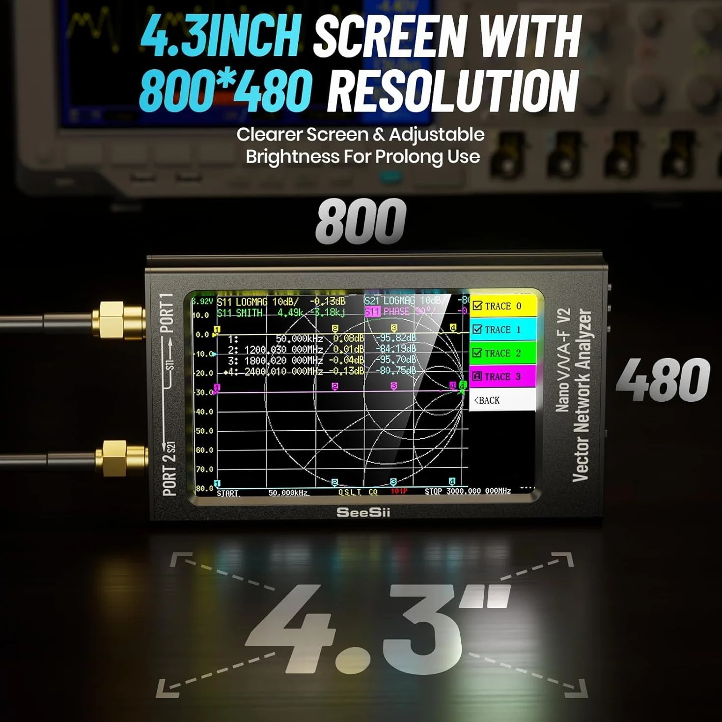 Seesii Analizzatore di Rete Vettoriale NanoVNA-F V2, Analizzatore Antenna Aggiornato 50kHz-3000MHz HF/VHF/UHF/VNA con Schermo da 4,3'' per, Misura S-Parameter Tensione SWR Fase Ritardo Smith Chart