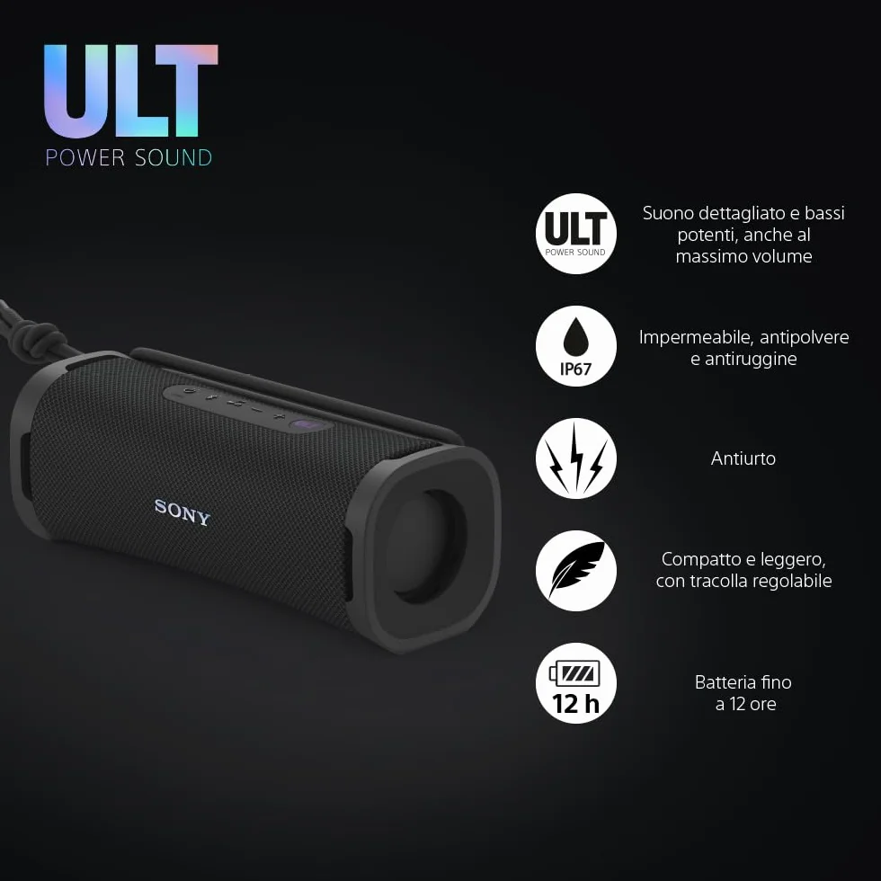 Sony ULT FIELD 1 | Speaker portatile wireless Bluetooth con ULT POWER SOUND, bassi profondi, IP67, impermeabile, antipolvere, antiurto, batteria da 12 ore, qualità chiamata chiara, viaggio - Nero