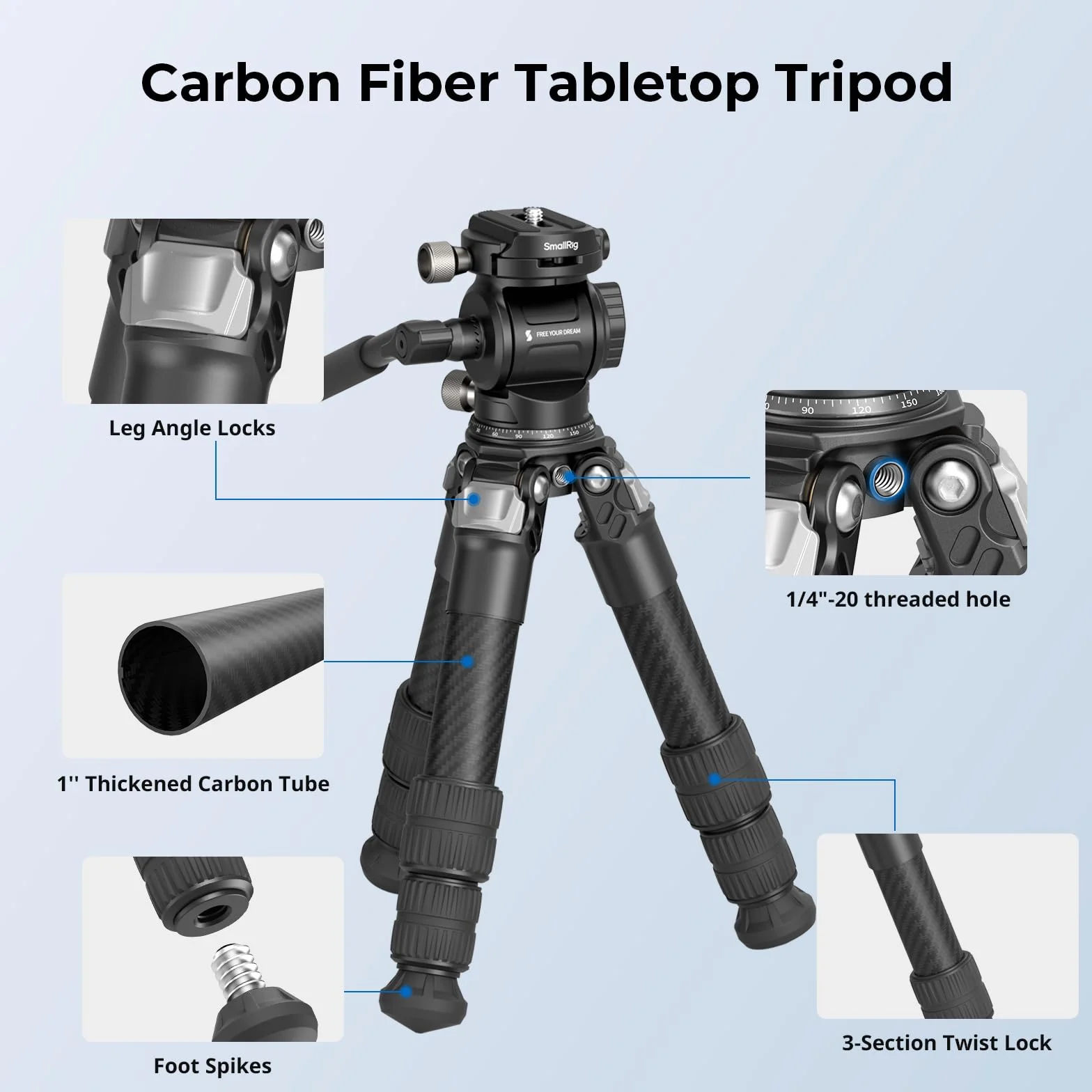 SMALLRIG Kit Treppiede da Tavolo Portatile in Fibra di Carbonio, Tavolo Compatto da 17'' con Testa Video ad alta Capacità di Carico, Carico Massimo 3 kg/6,6 libbre per Fotocamere, DSLR