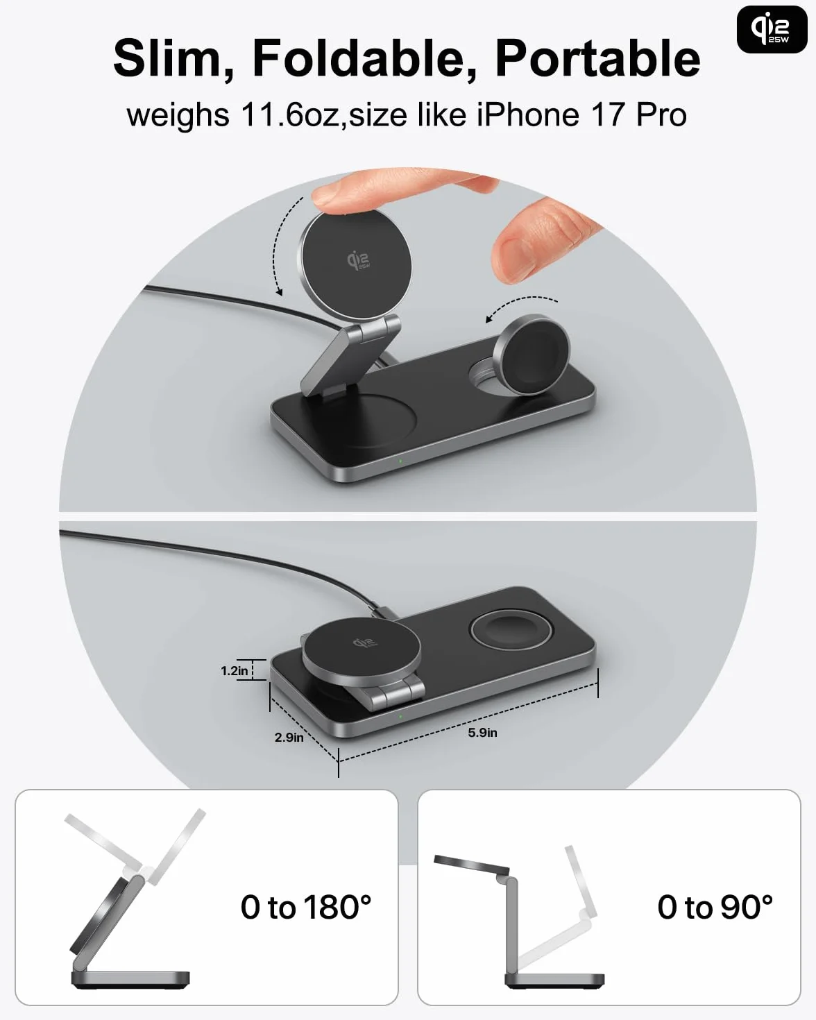 Qi2 25W Caricatore Wireless, Stazione di Ricarica Pieghevole 3 in 1 per iPhone 17e/17/16/15/14/13/12/Air, Apple Watch e Pods Pro con Adattatore Rapido-Nero